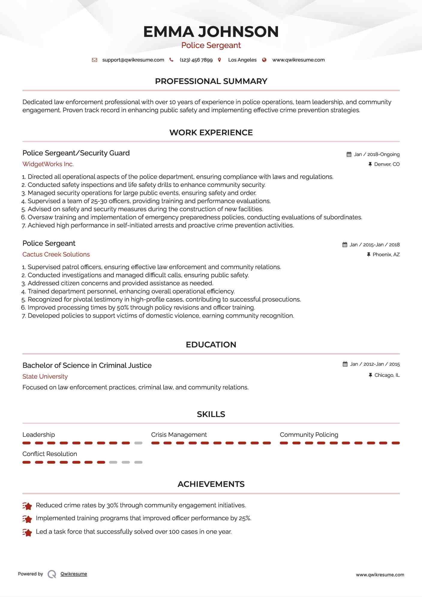 Police Sergeant/Security Guard Resume Sample