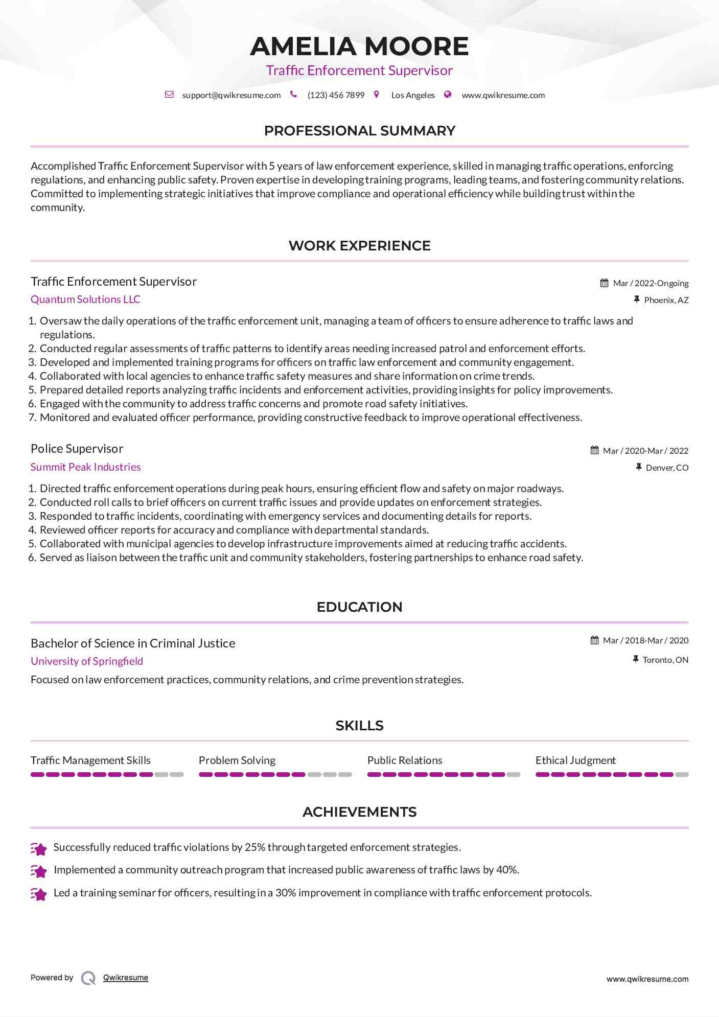 Traffic Enforcement Supervisor Resume Format