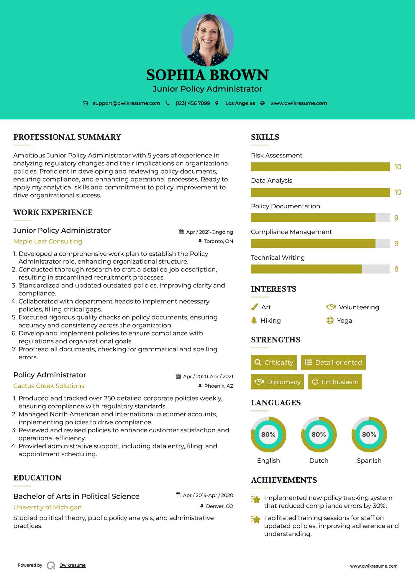 Junior Policy Administrator Resume Sample