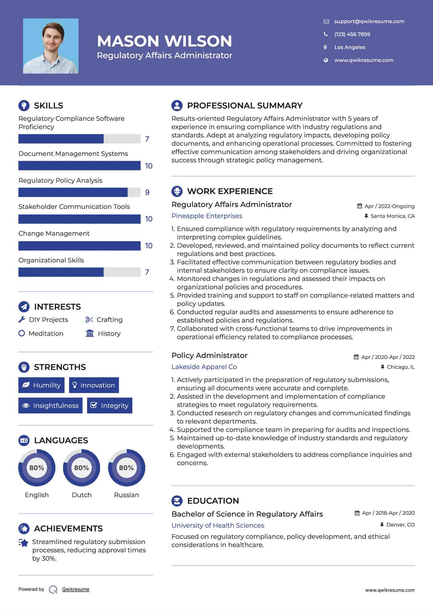 Regulatory Affairs Administrator Resume Example