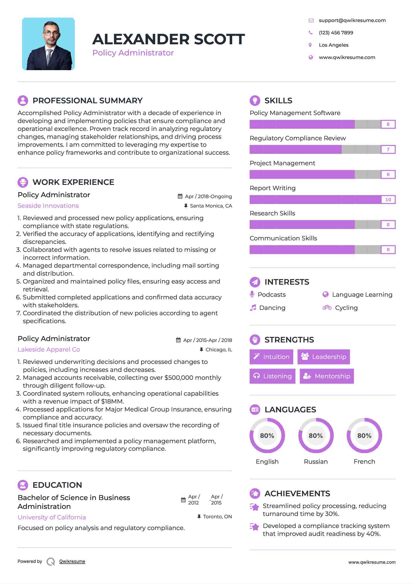 Policy Administrator Resume Sample