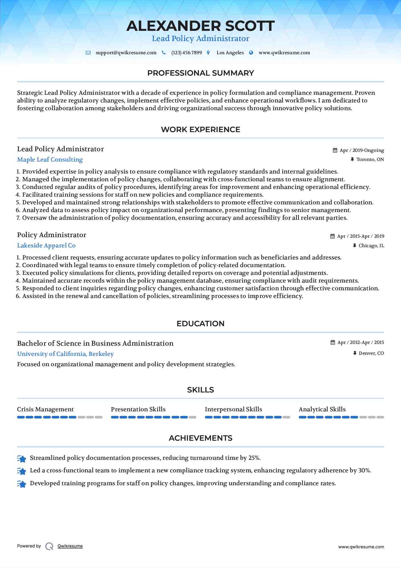 Lead Policy Administrator Resume Format