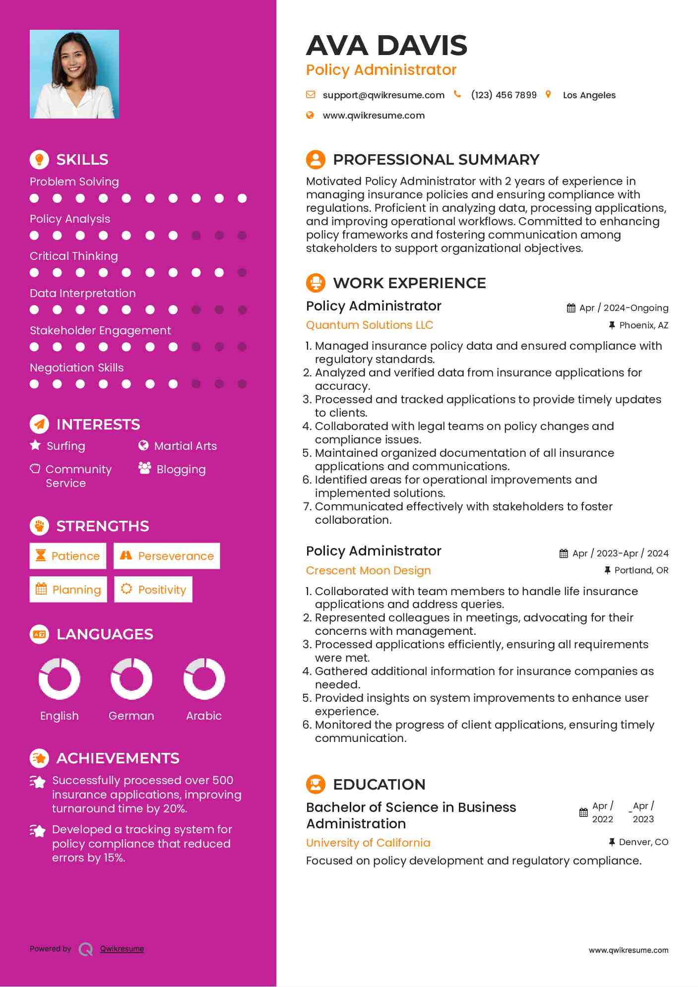 Policy Administrator Resume Model