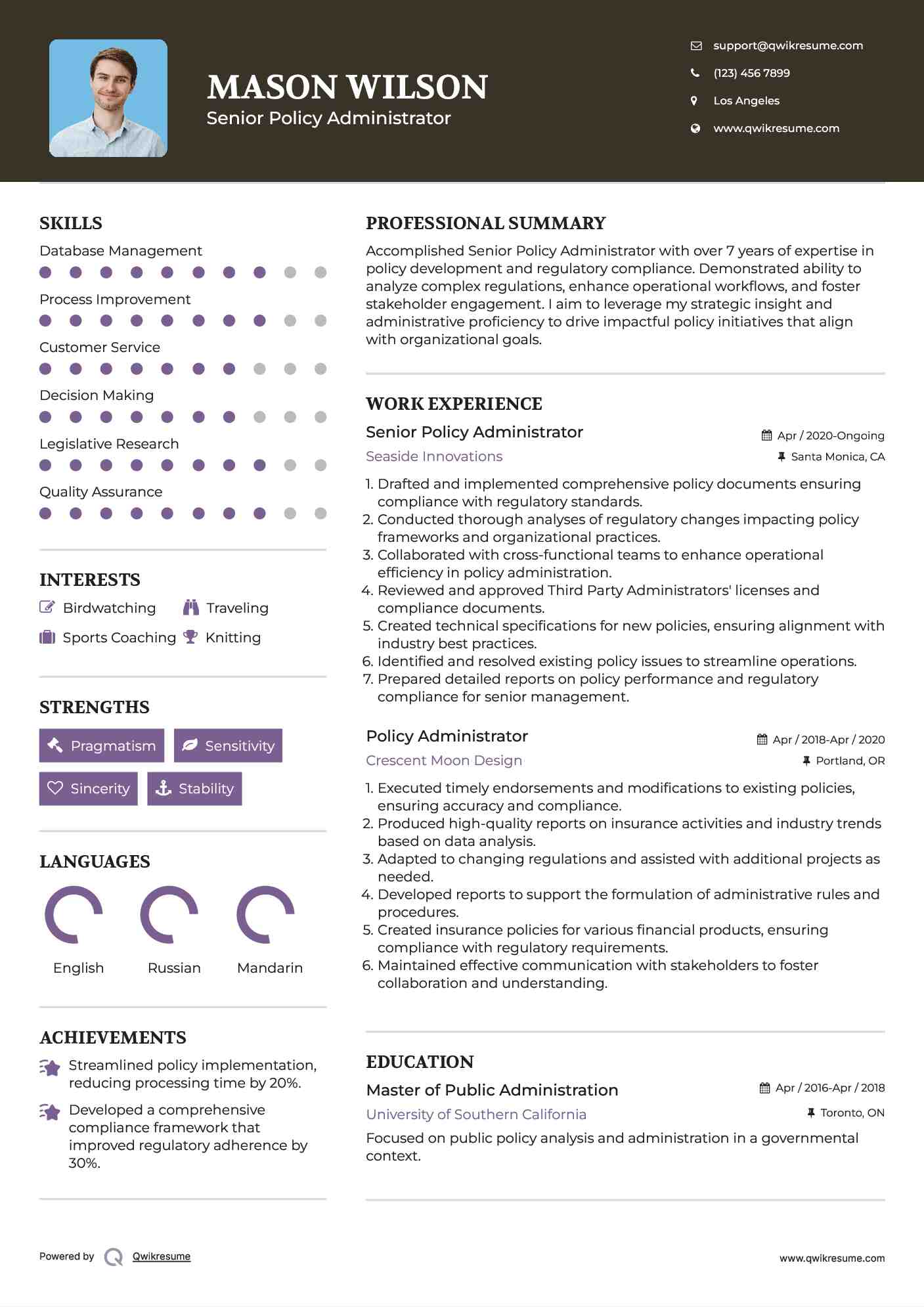 Senior Policy Administrator Resume Sample