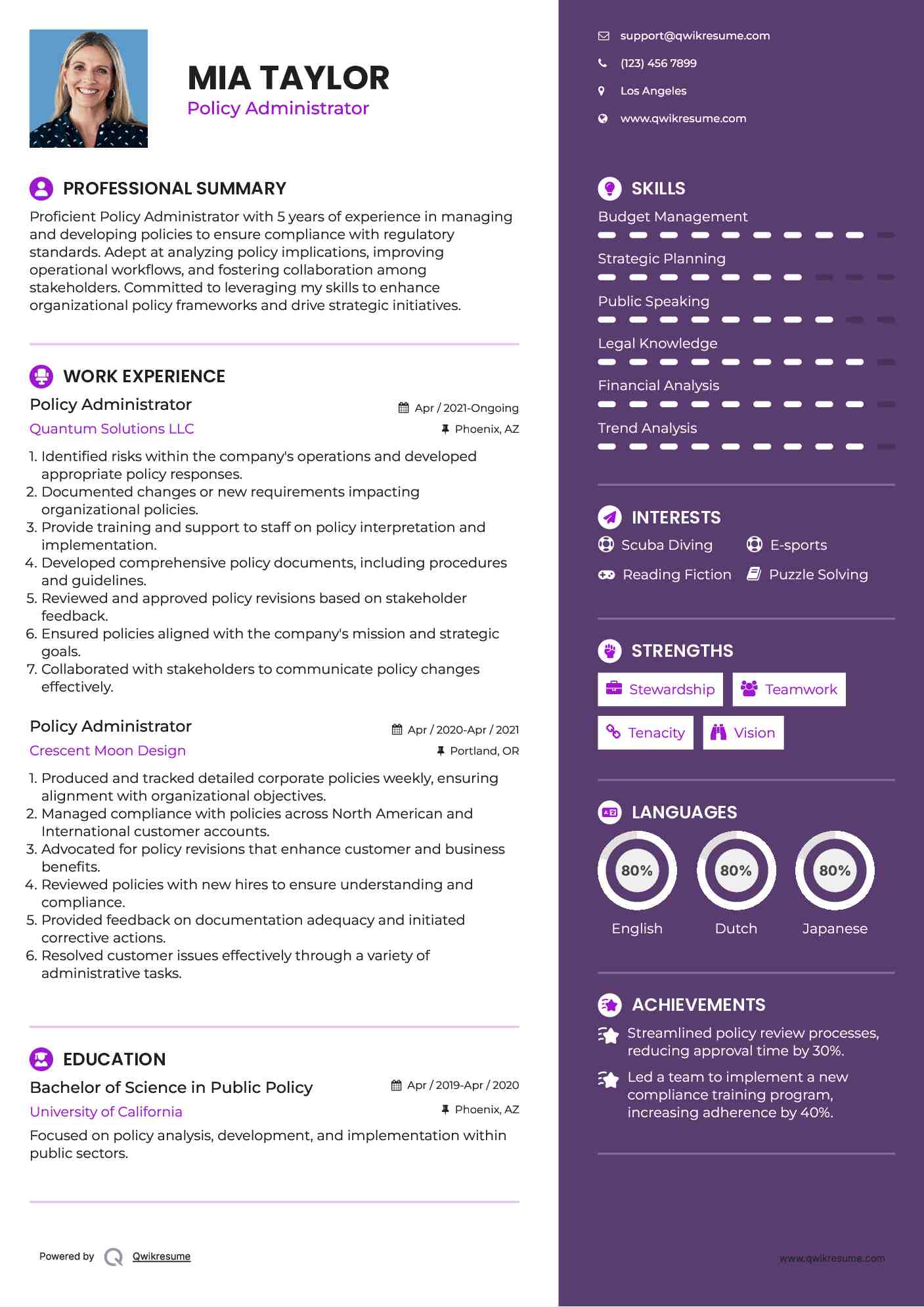 Policy Administrator Resume Template