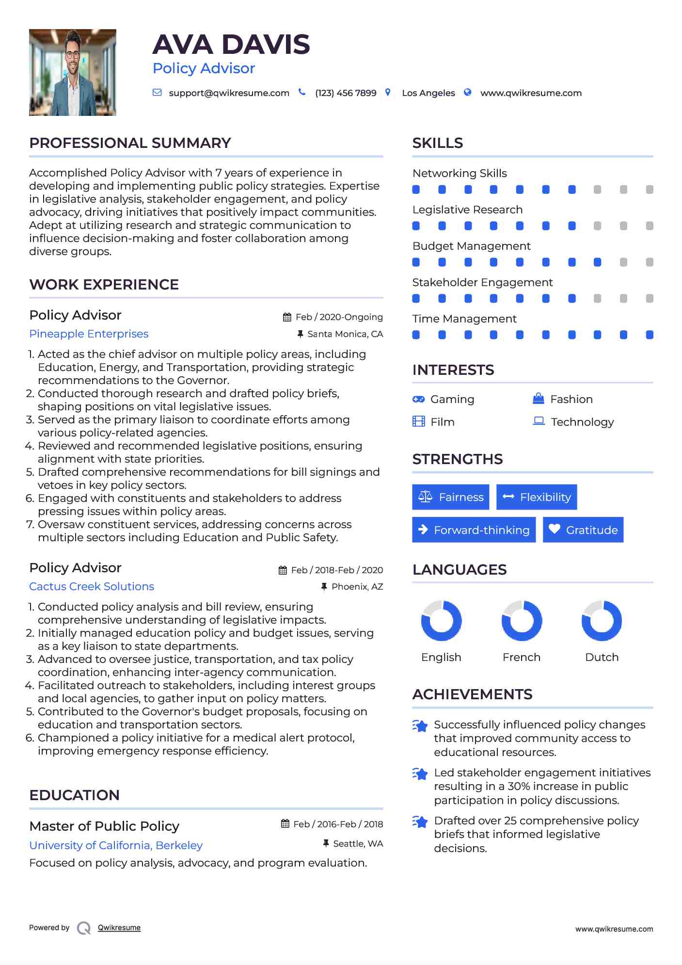 Policy Advisor Resume Model