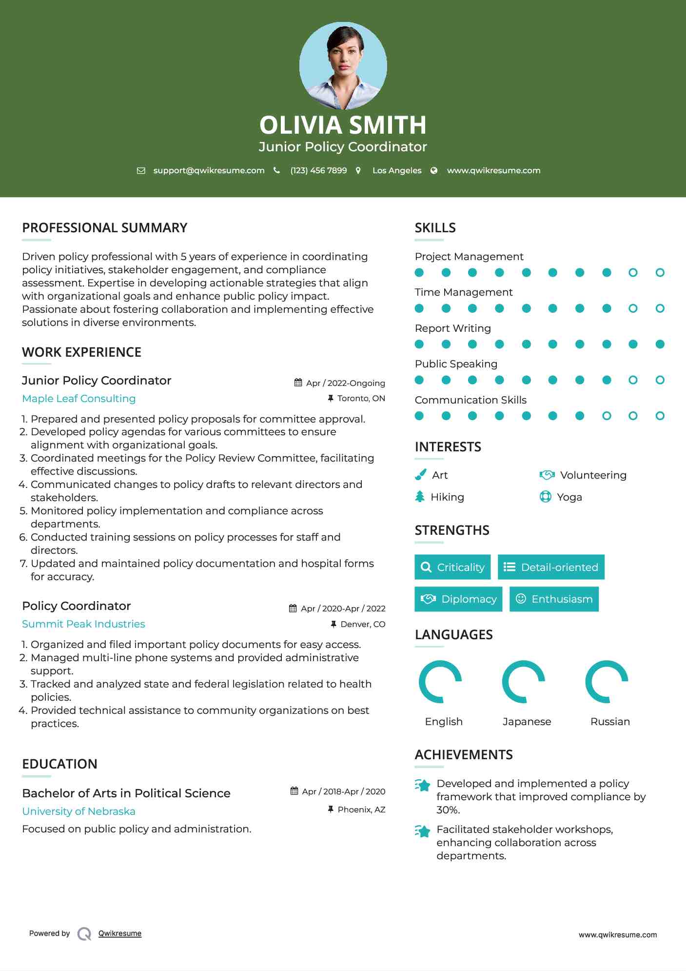 Junior Policy Coordinator Resume Format