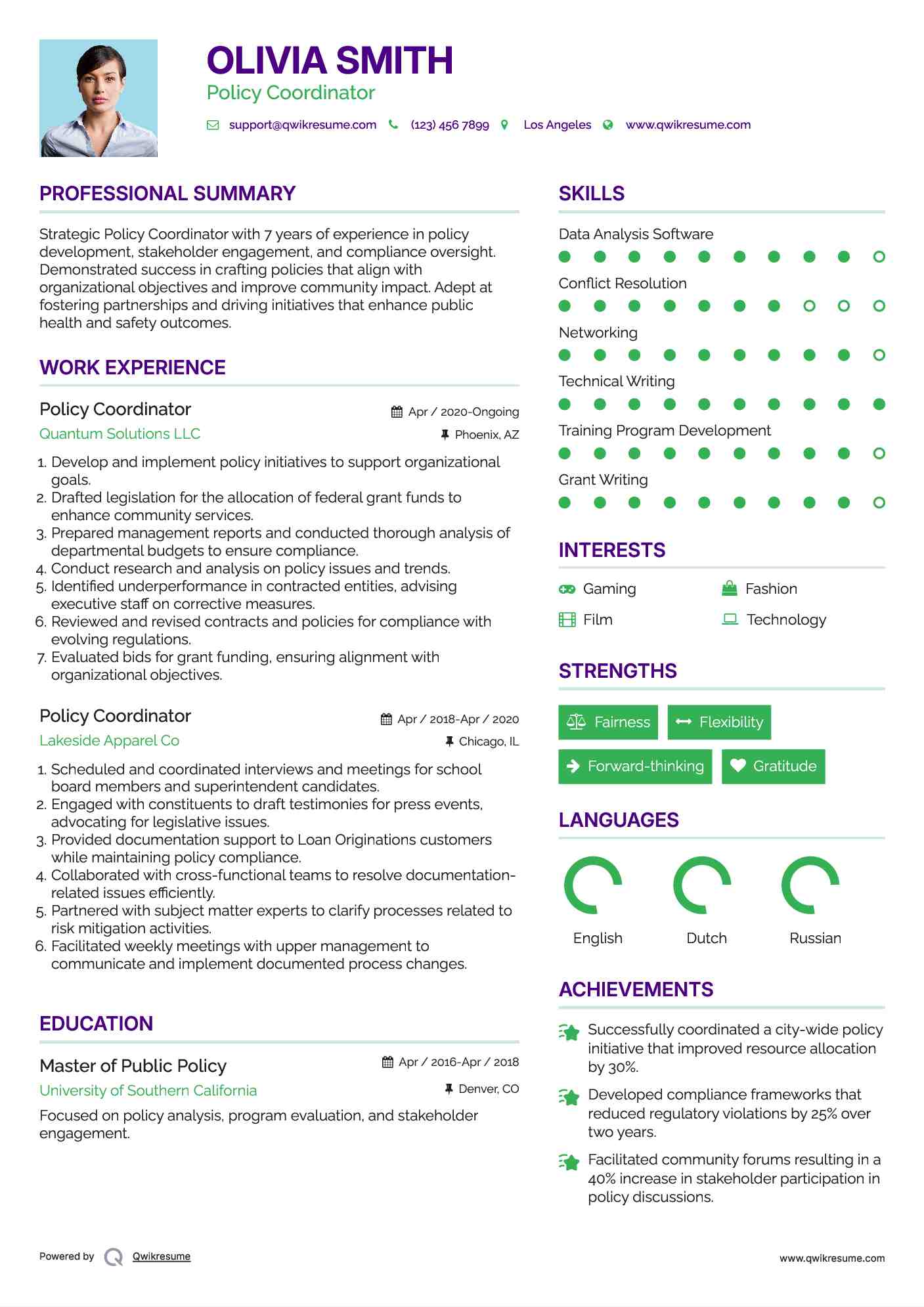 Policy Coordinator Resume Model
