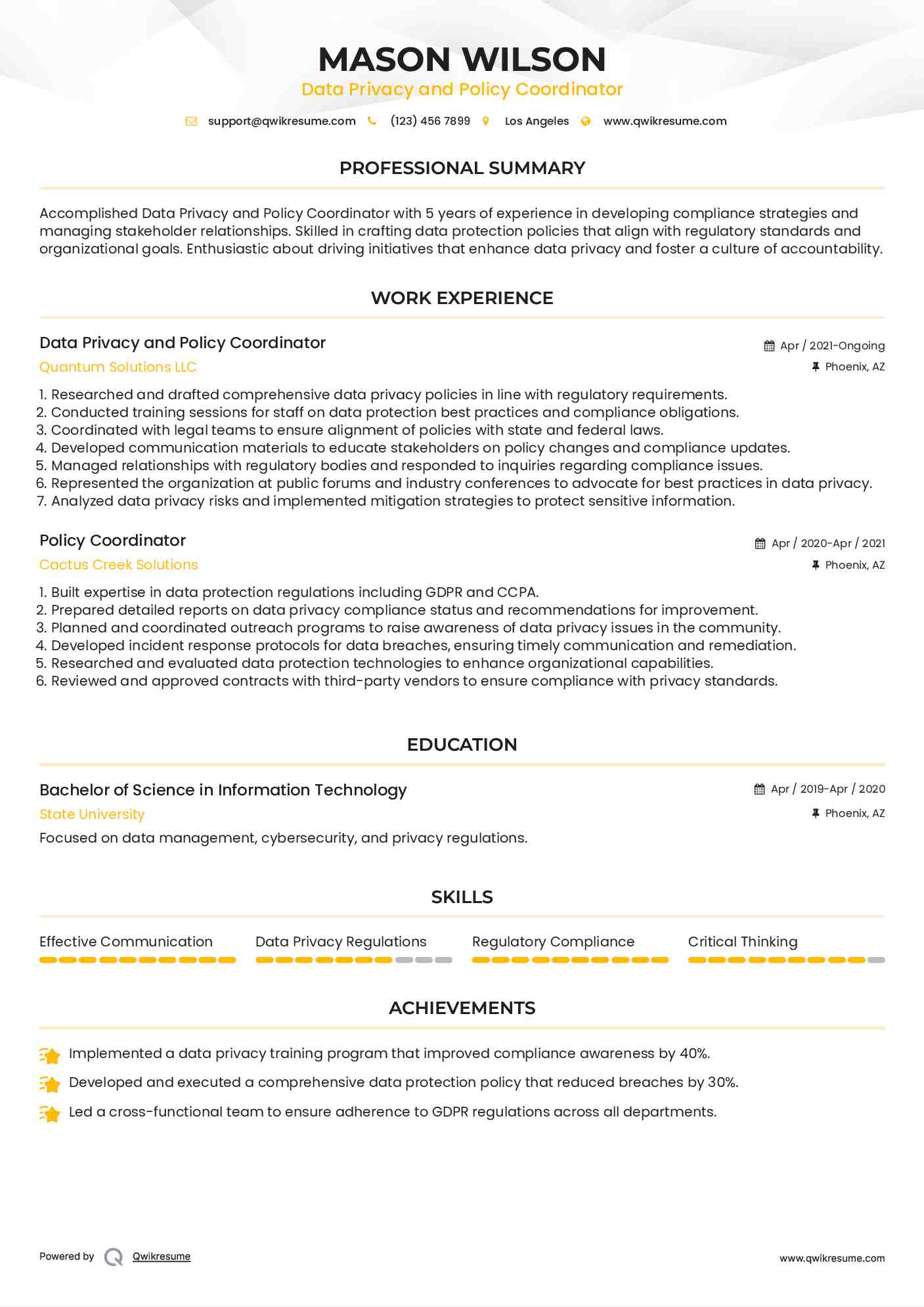 Data Privacy and Policy Coordinator Resume Format