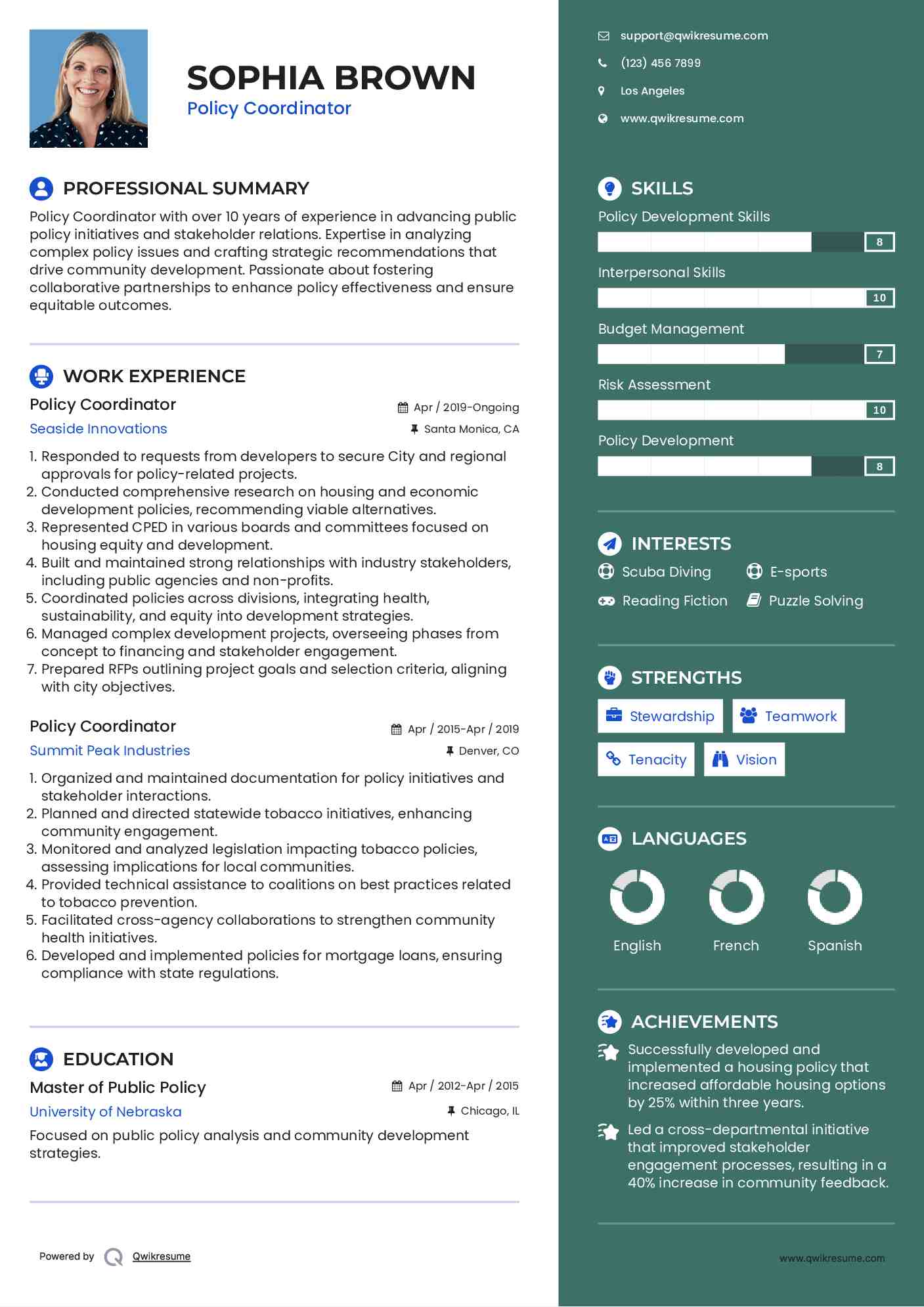 Policy Coordinator Resume Example