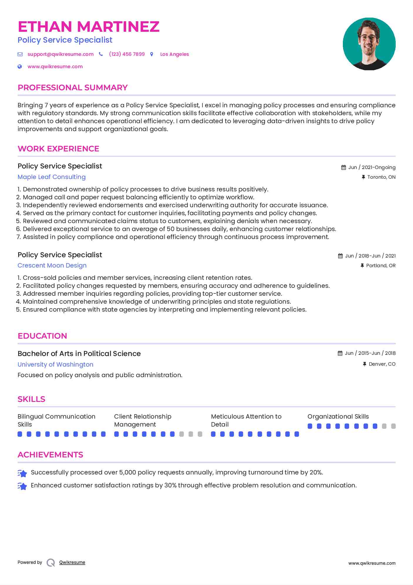 Policy Service Specialist Resume Template