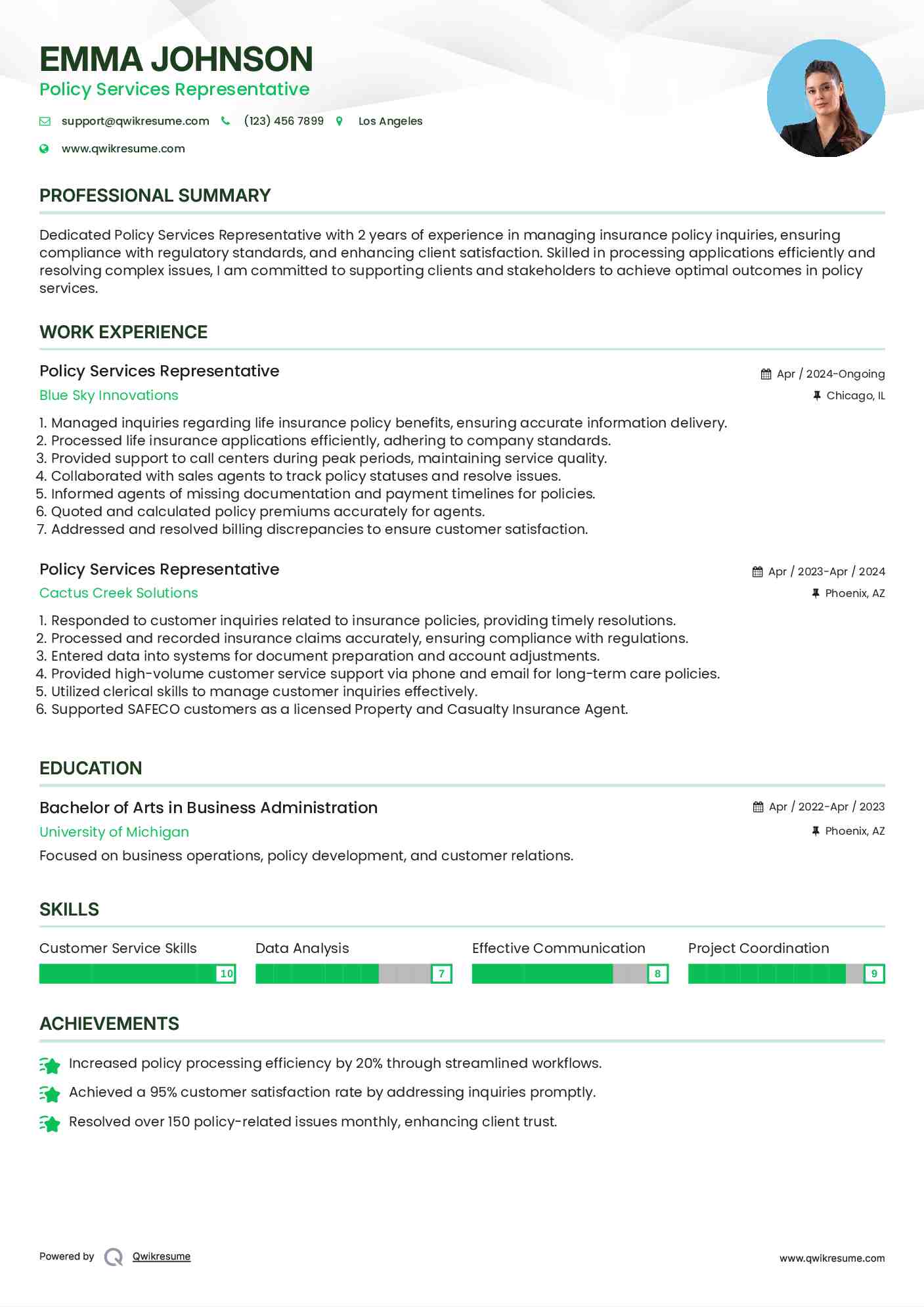 Policy Services Representative Resume Example