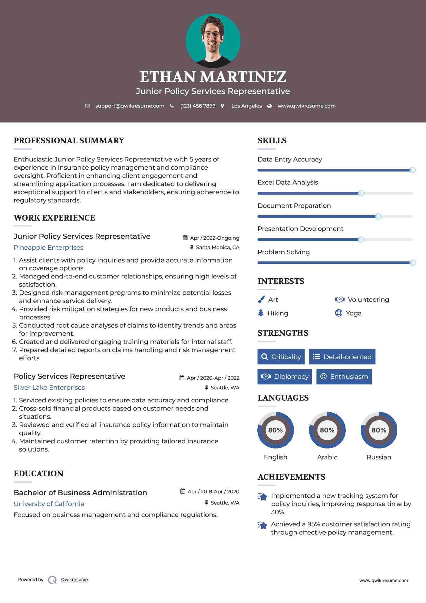 Junior Policy Services Representative Resume Model