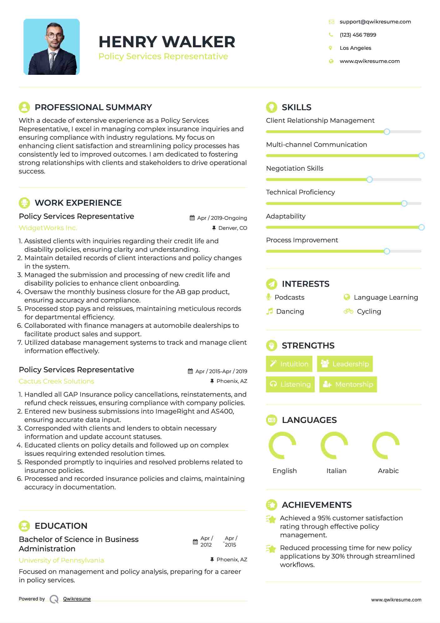 Policy Services Representative Resume Template