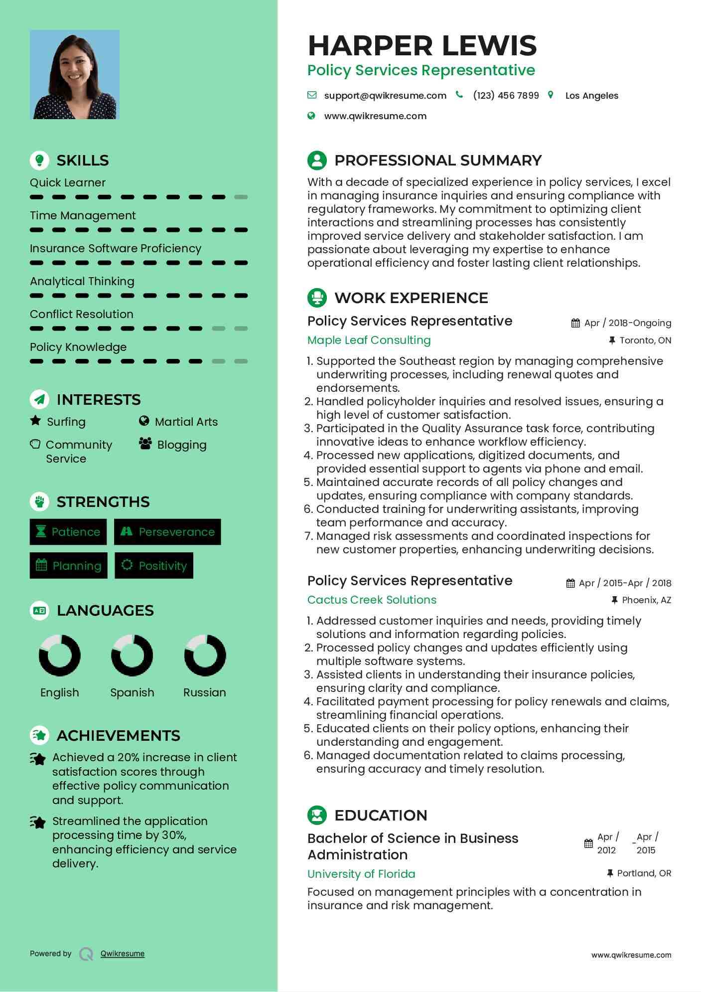 Policy Services Representative Resume Example