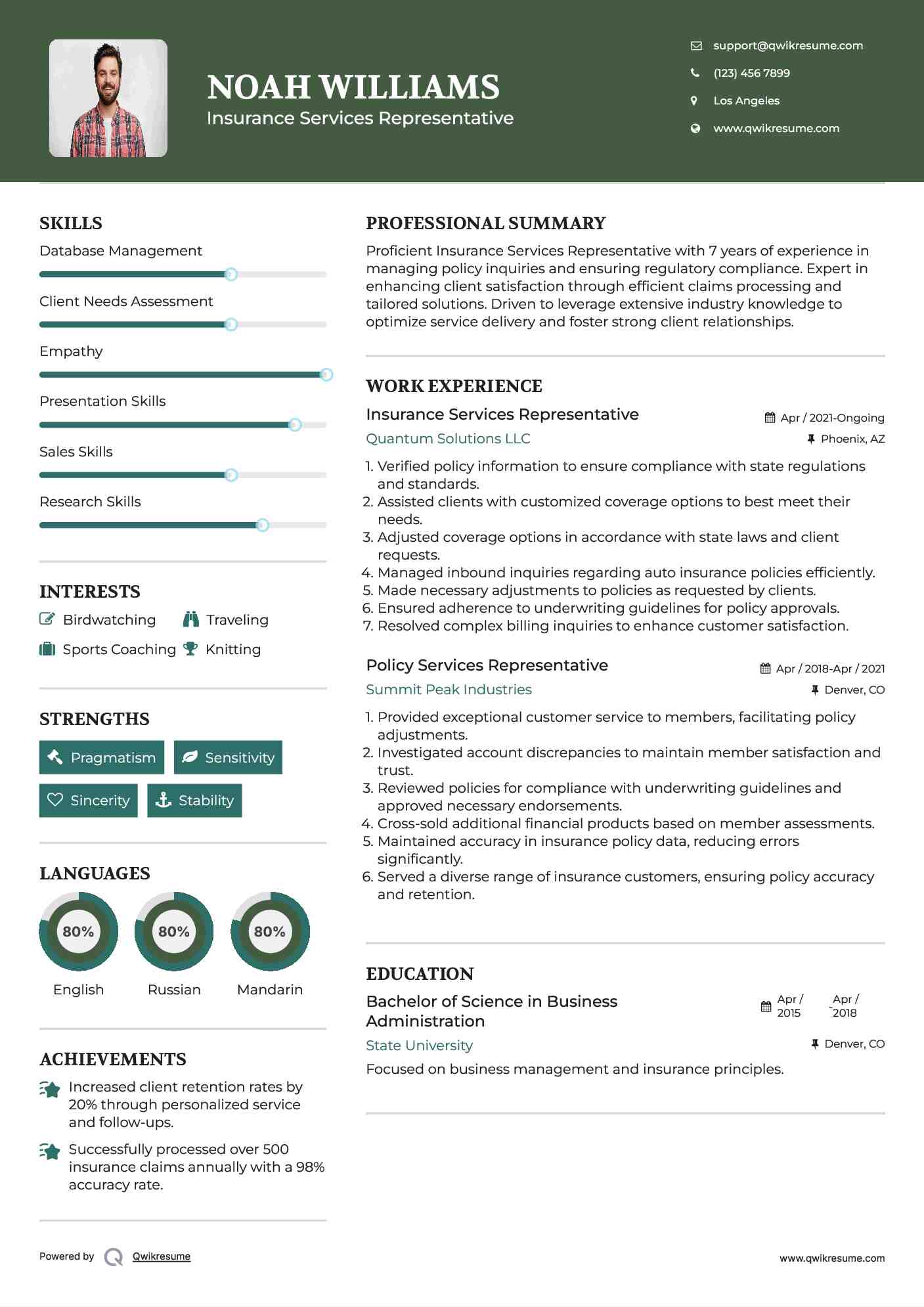 Insurance Services Representative Resume Model