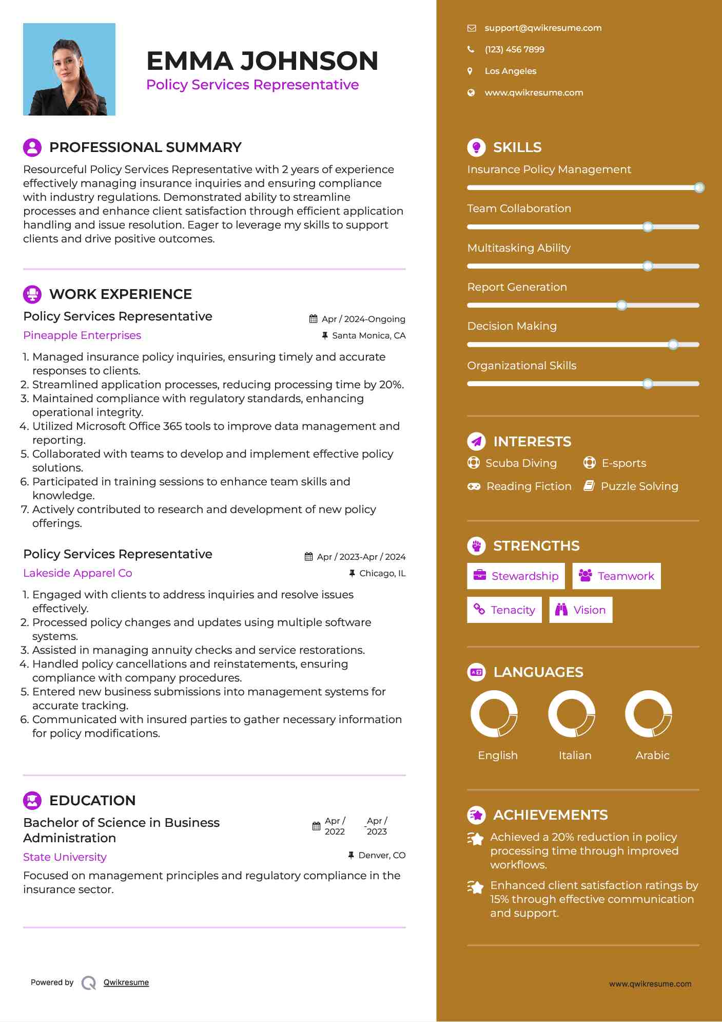 Policy Services Representative Resume Example