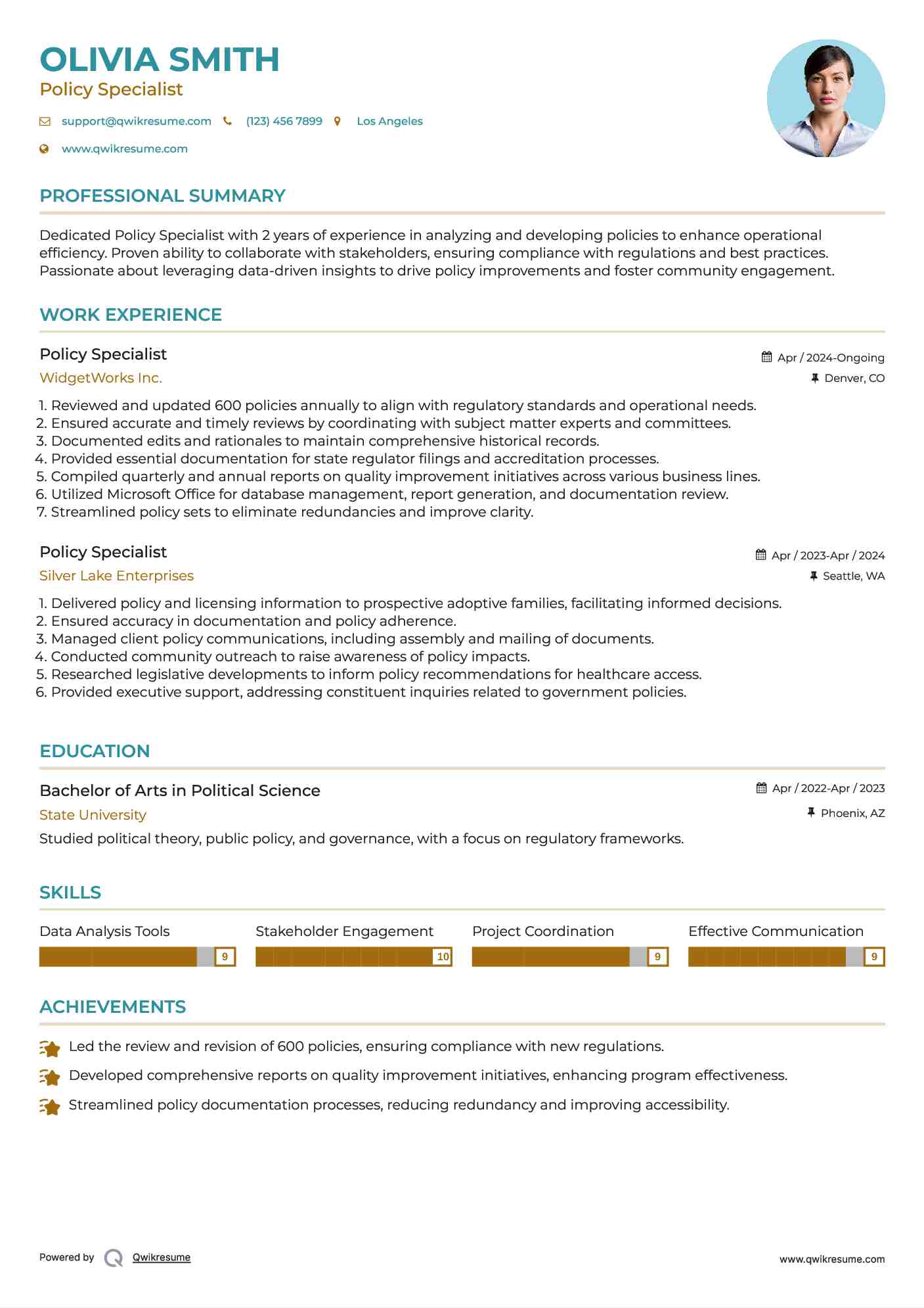 Policy Specialist Resume Template