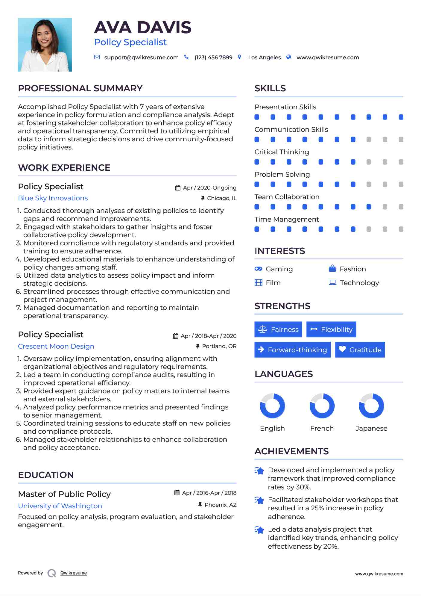 Policy Specialist Resume Sample
