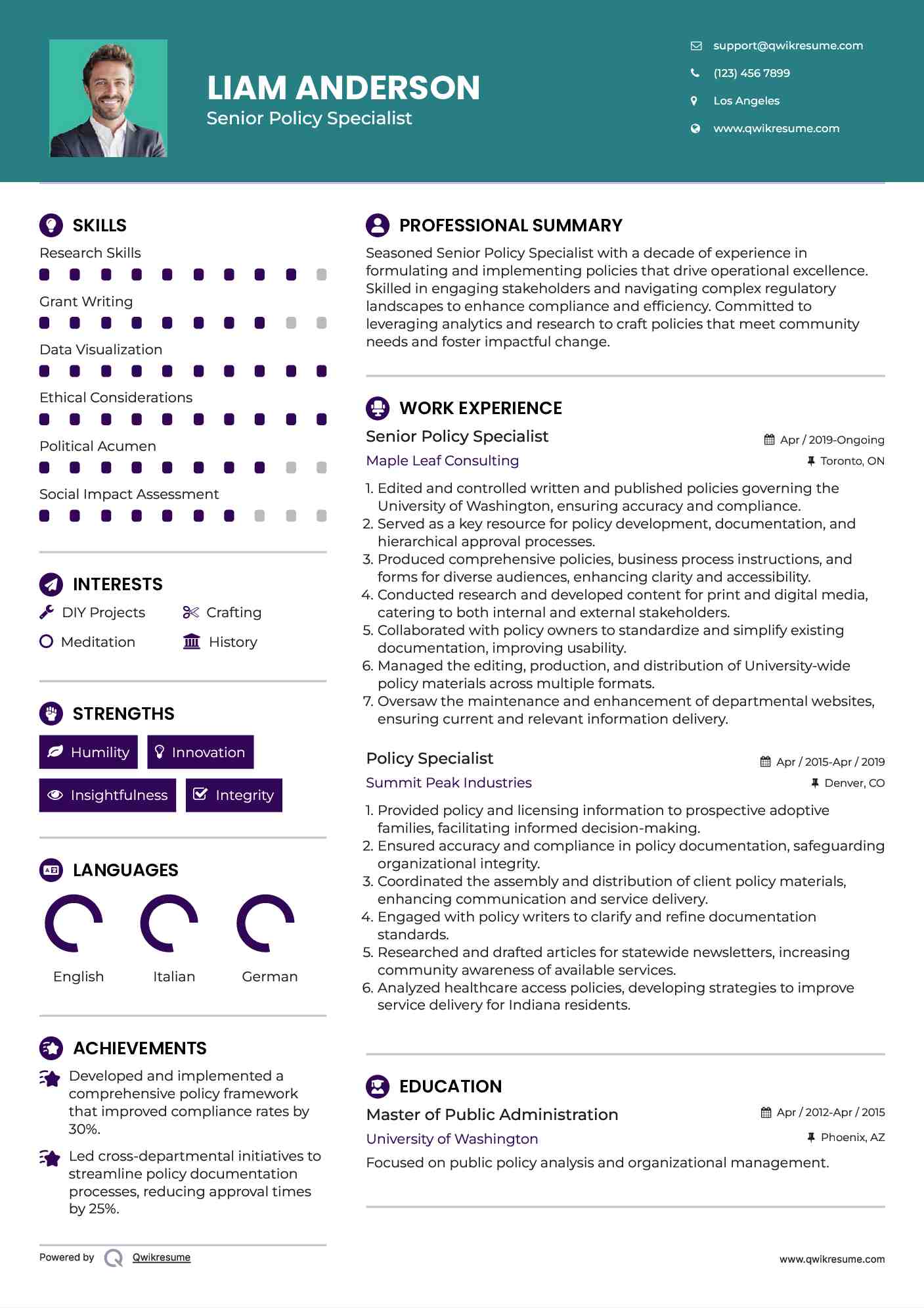 Senior Policy Specialist Resume Sample