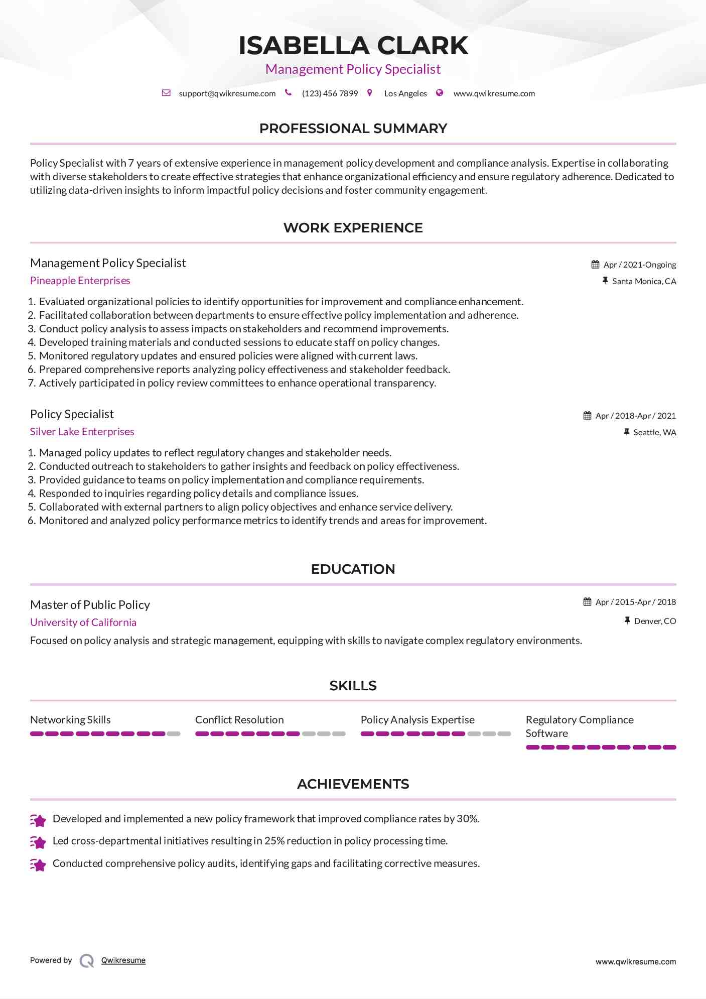Management Policy Specialist Resume Format