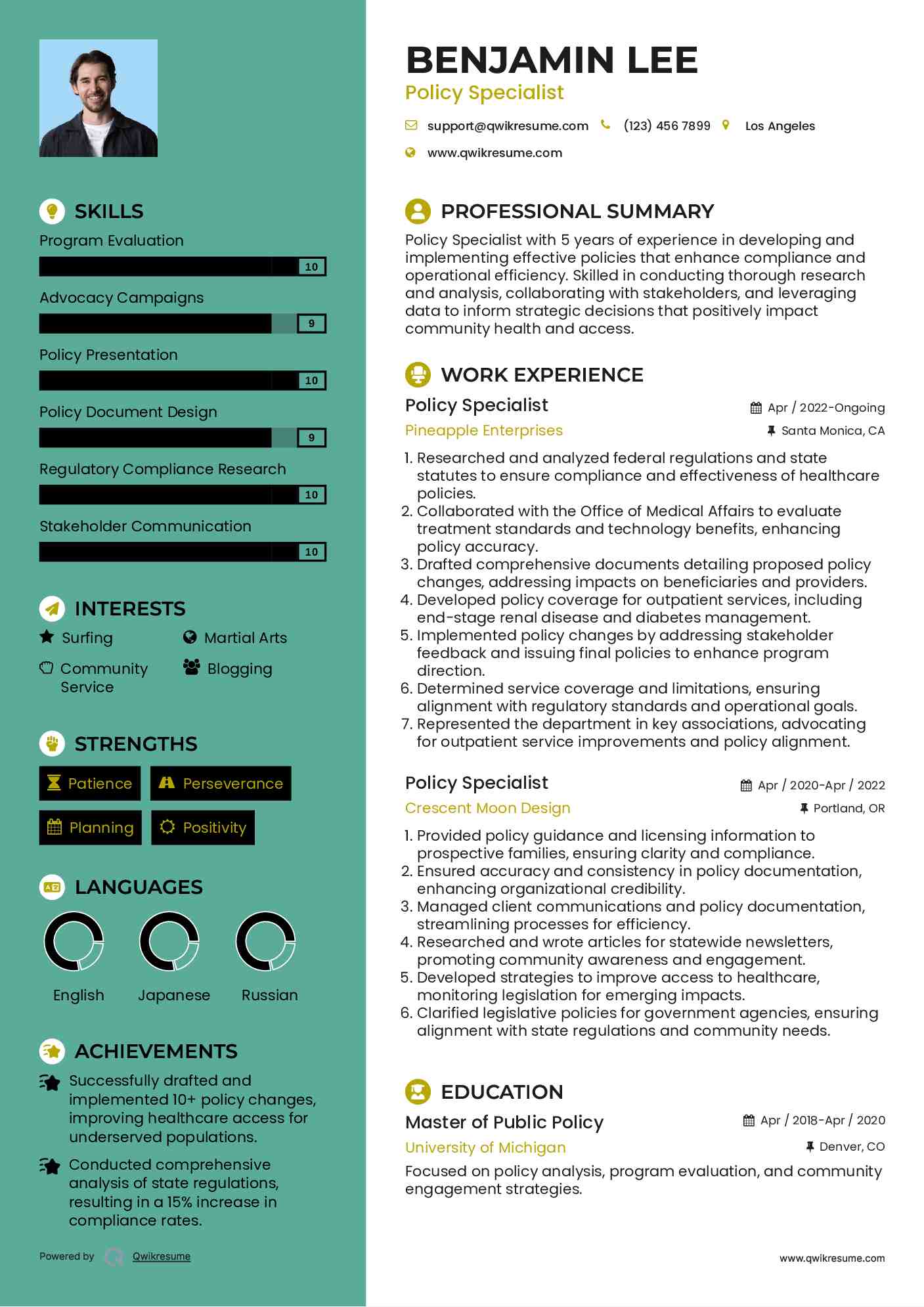 Policy Specialist Resume Sample