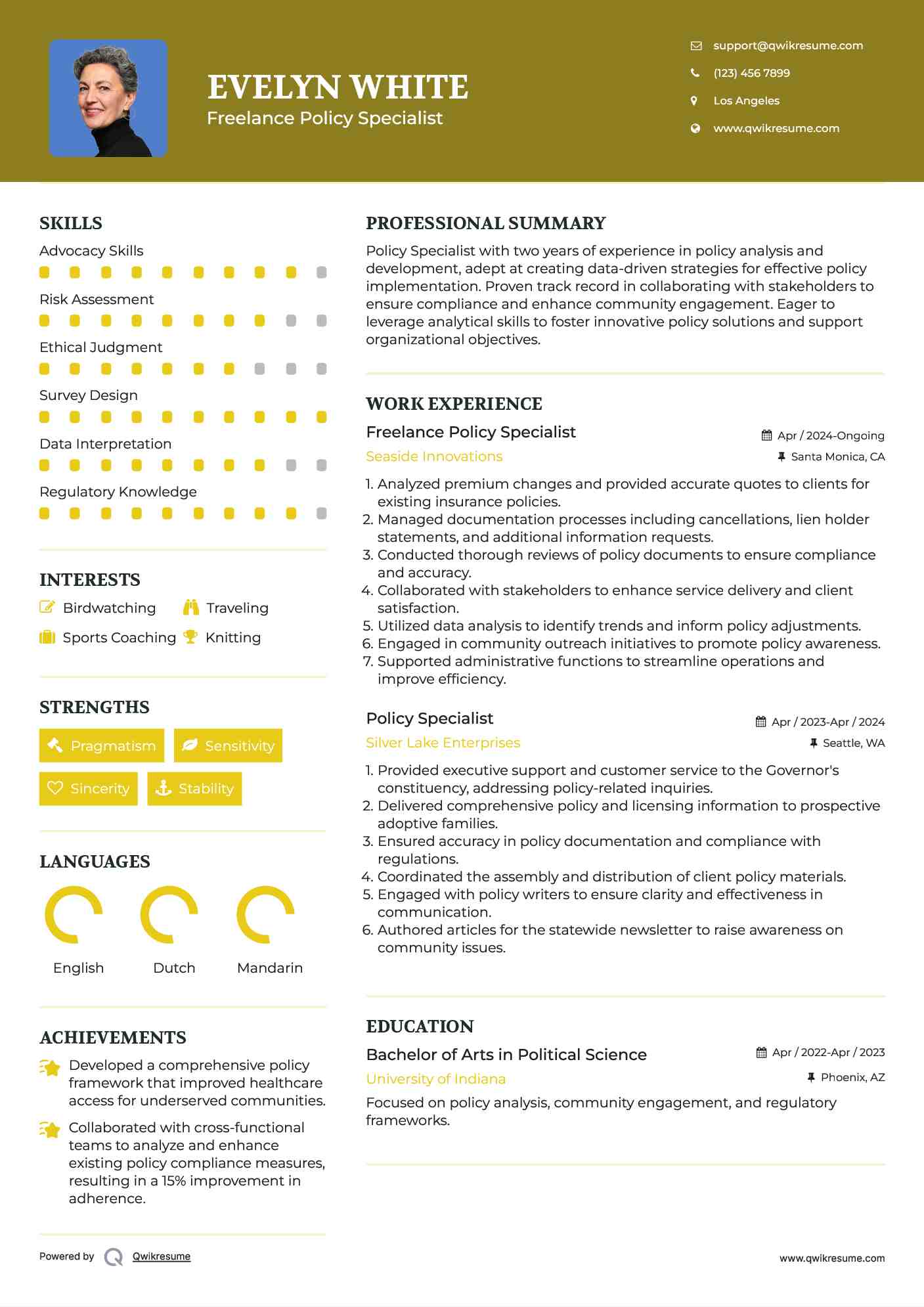Freelance Policy Specialist Resume Model