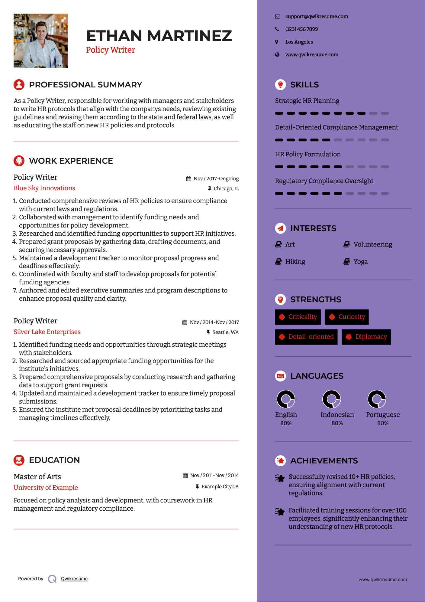 Policy Writer Resume Example