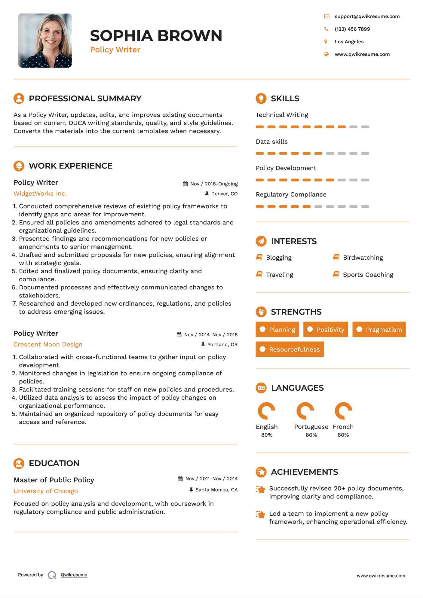 Policy Writer Resume Template
