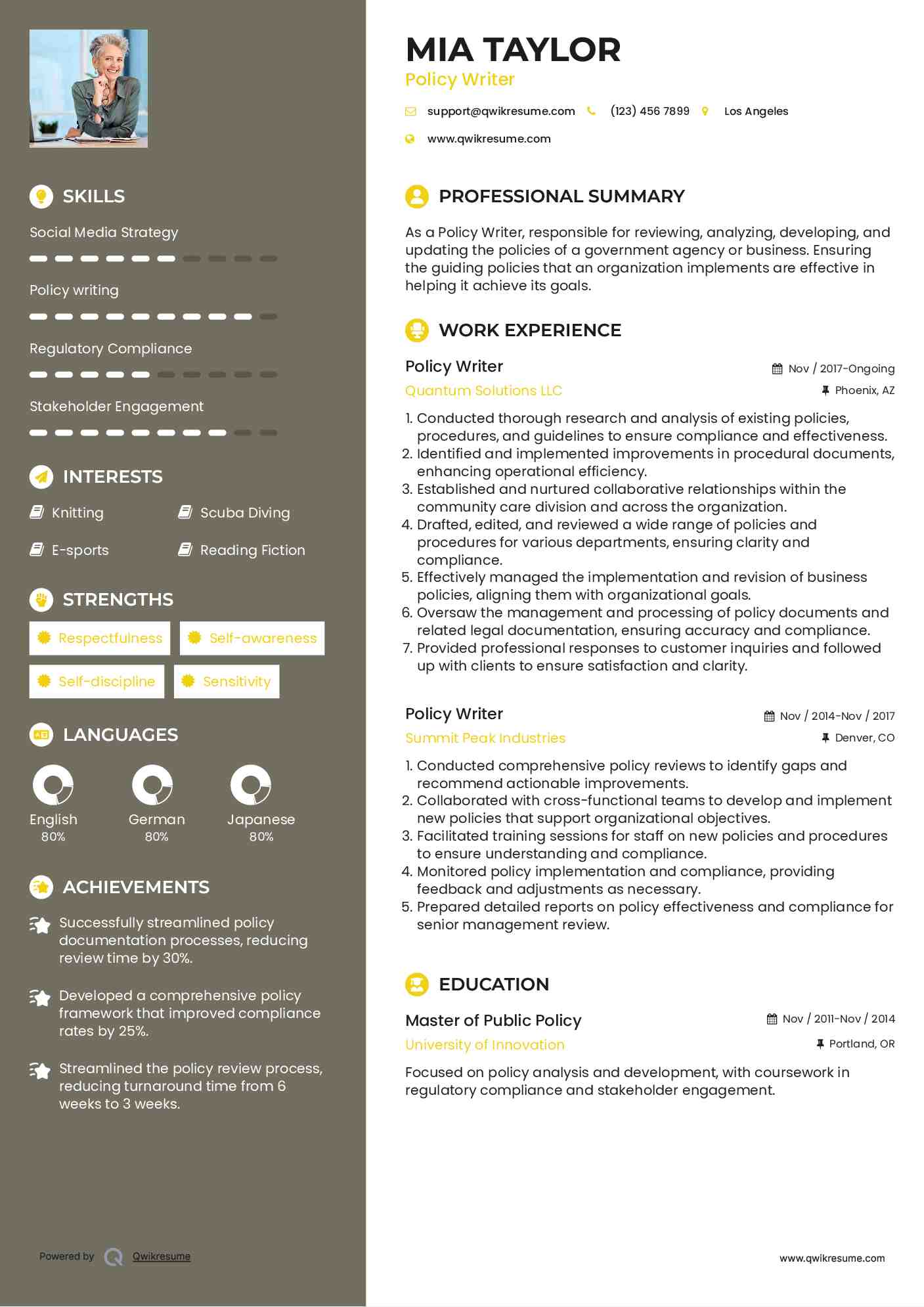 Policy Writer Resume Template