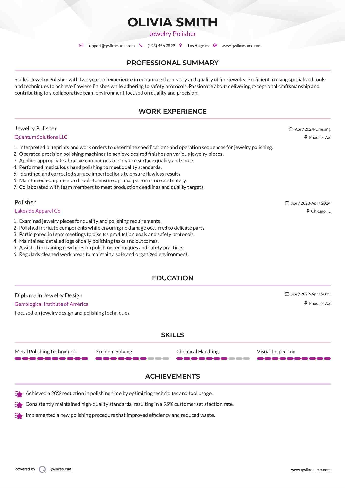 Jewelry Polisher Resume Model