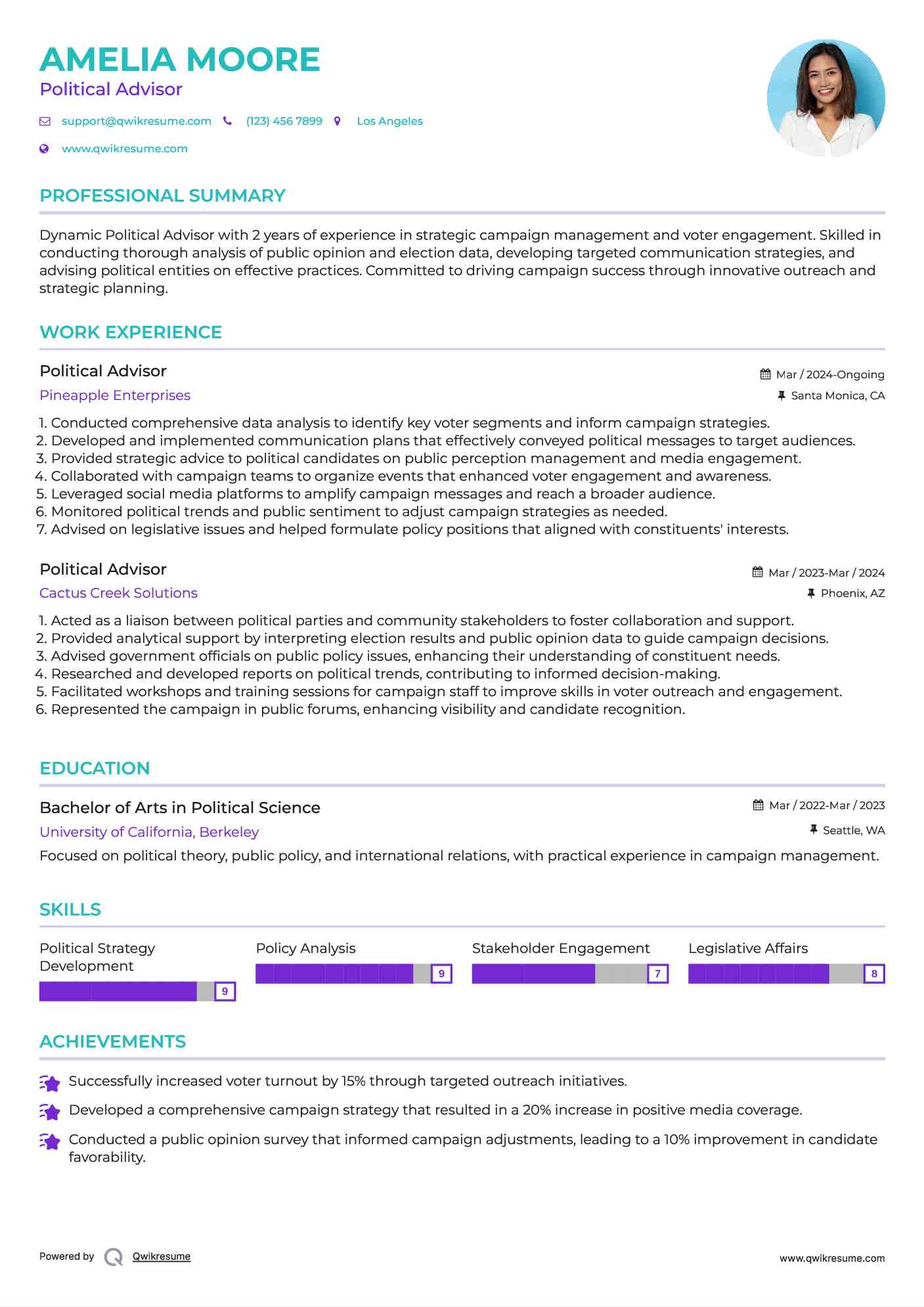 Political Advisor Resume Sample