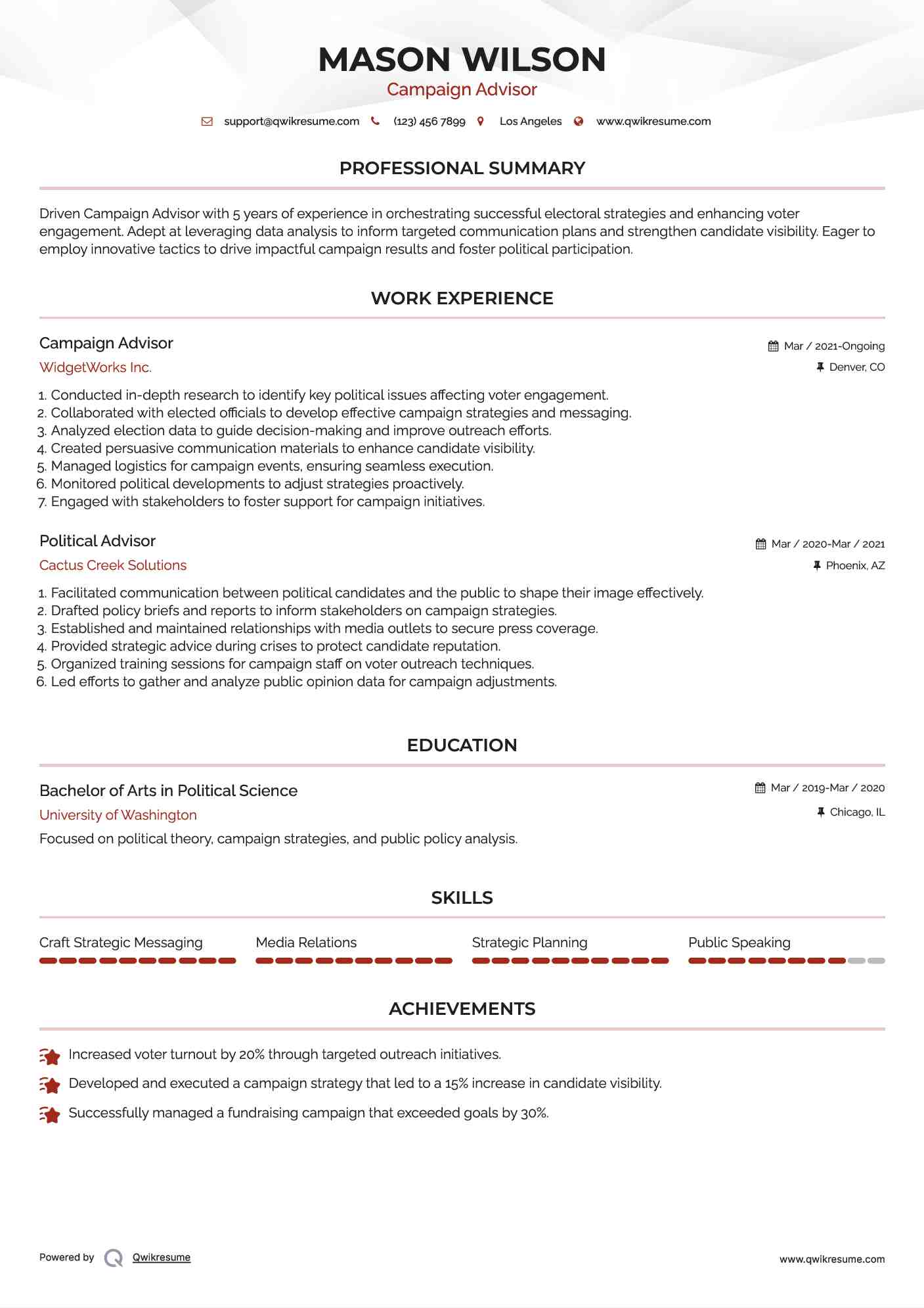 Campaign Advisor Resume Model