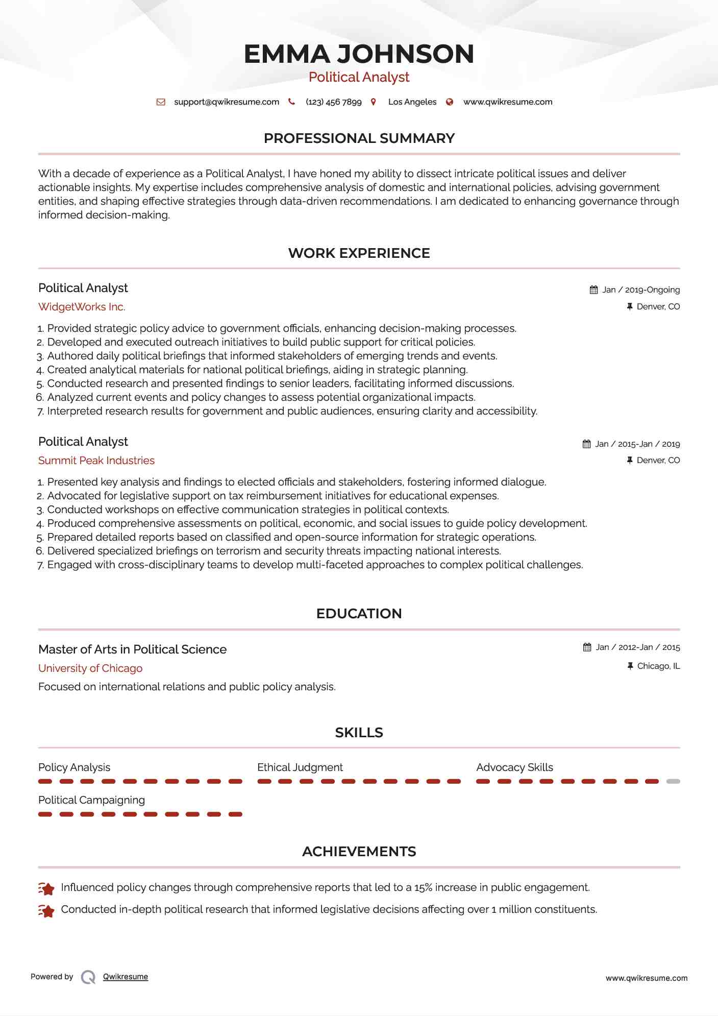 Political Analyst Resume Example