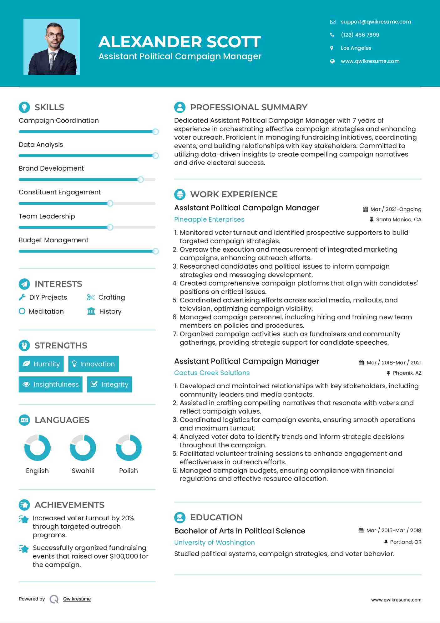 Assistant Political Campaign Manager Resume Sample