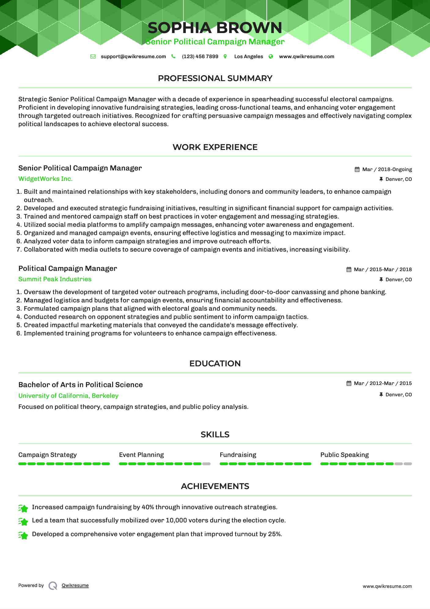 Senior Political Campaign Manager Resume Example