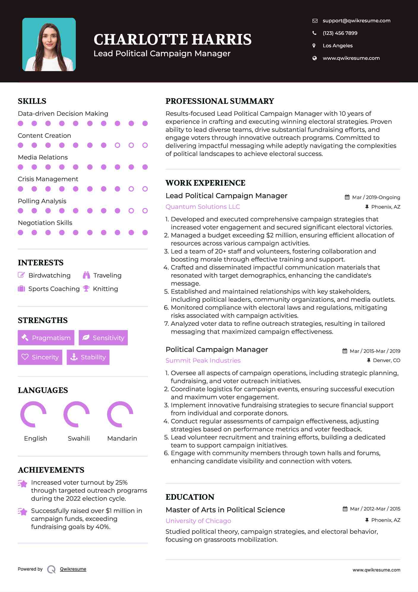 Lead Political Campaign Manager  Resume Example
