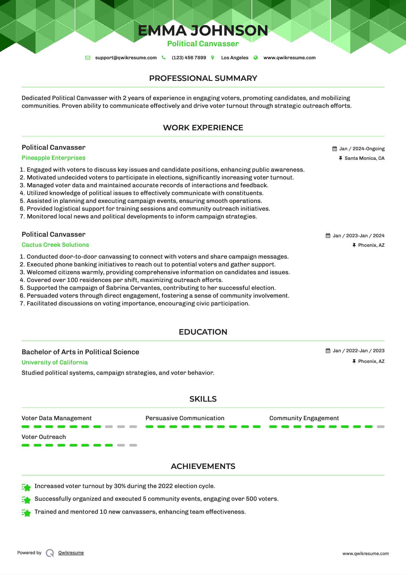 Political Canvasser Resume Sample