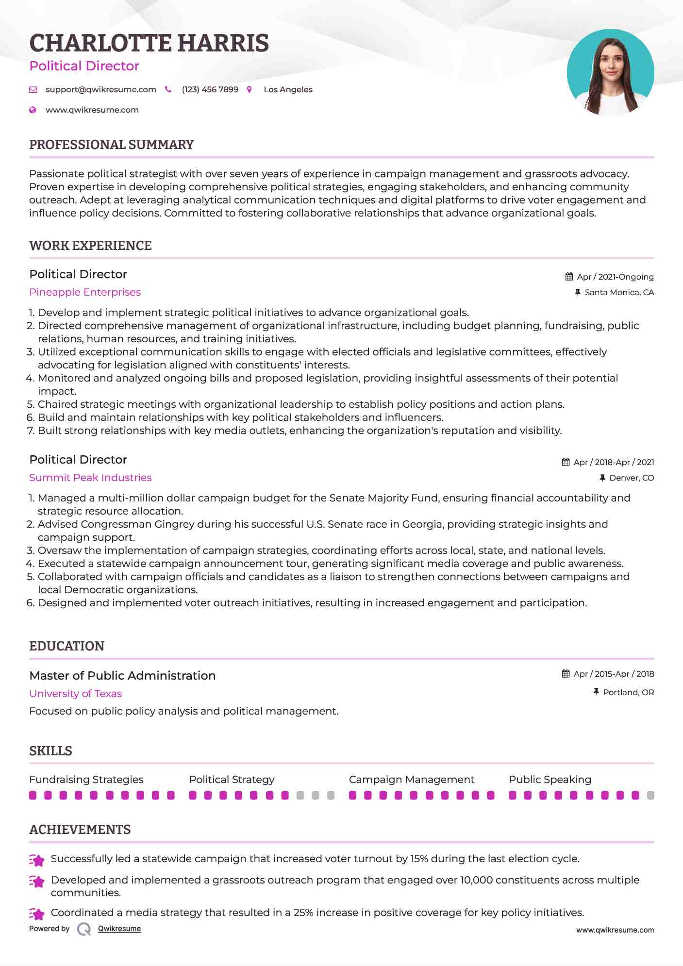 Political Director Resume Example