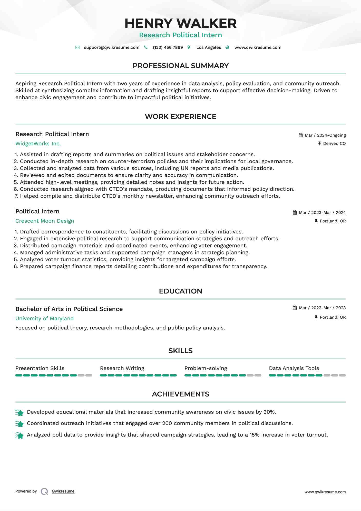 Research Political Intern Resume Example