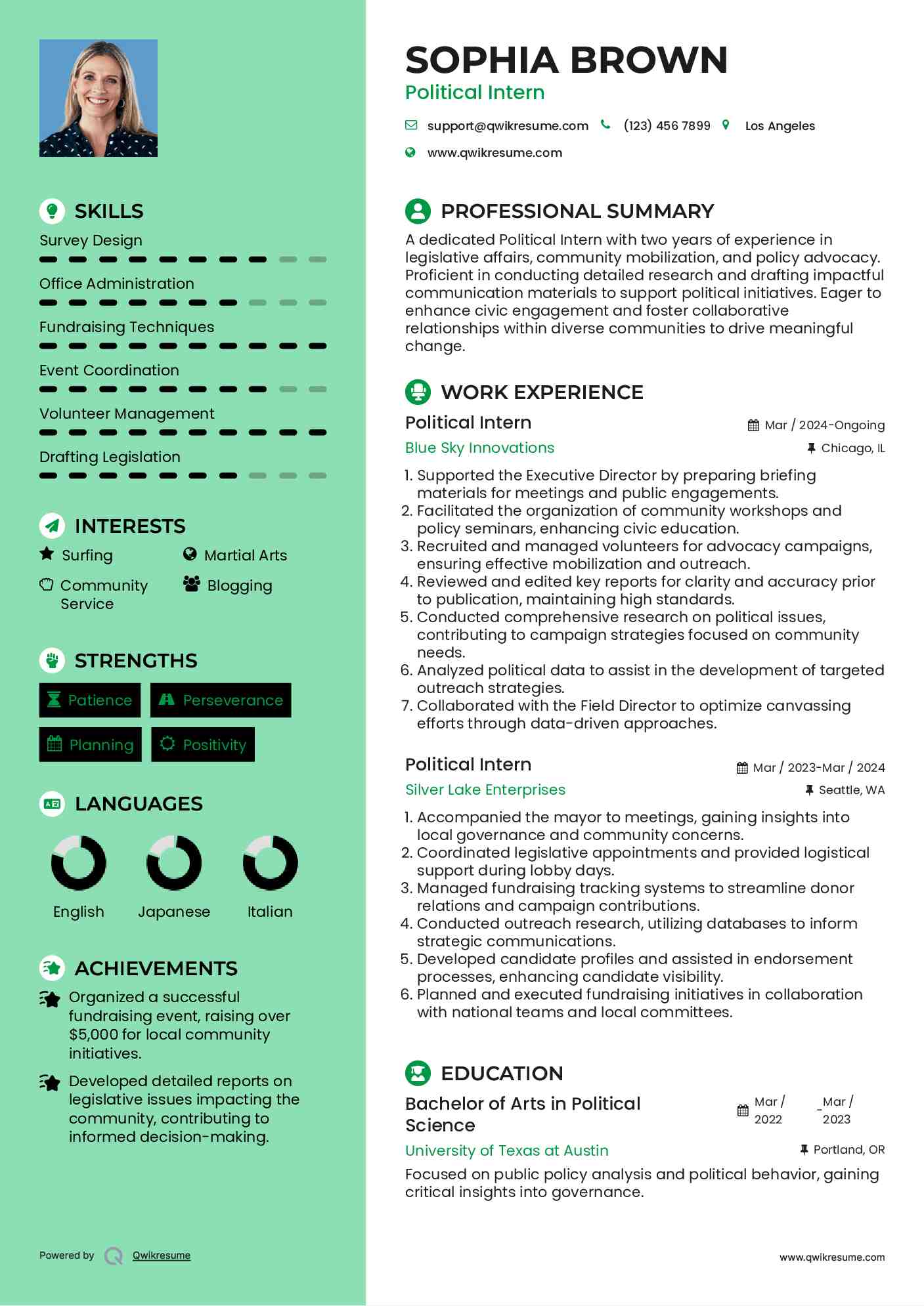 Political Intern Resume Example