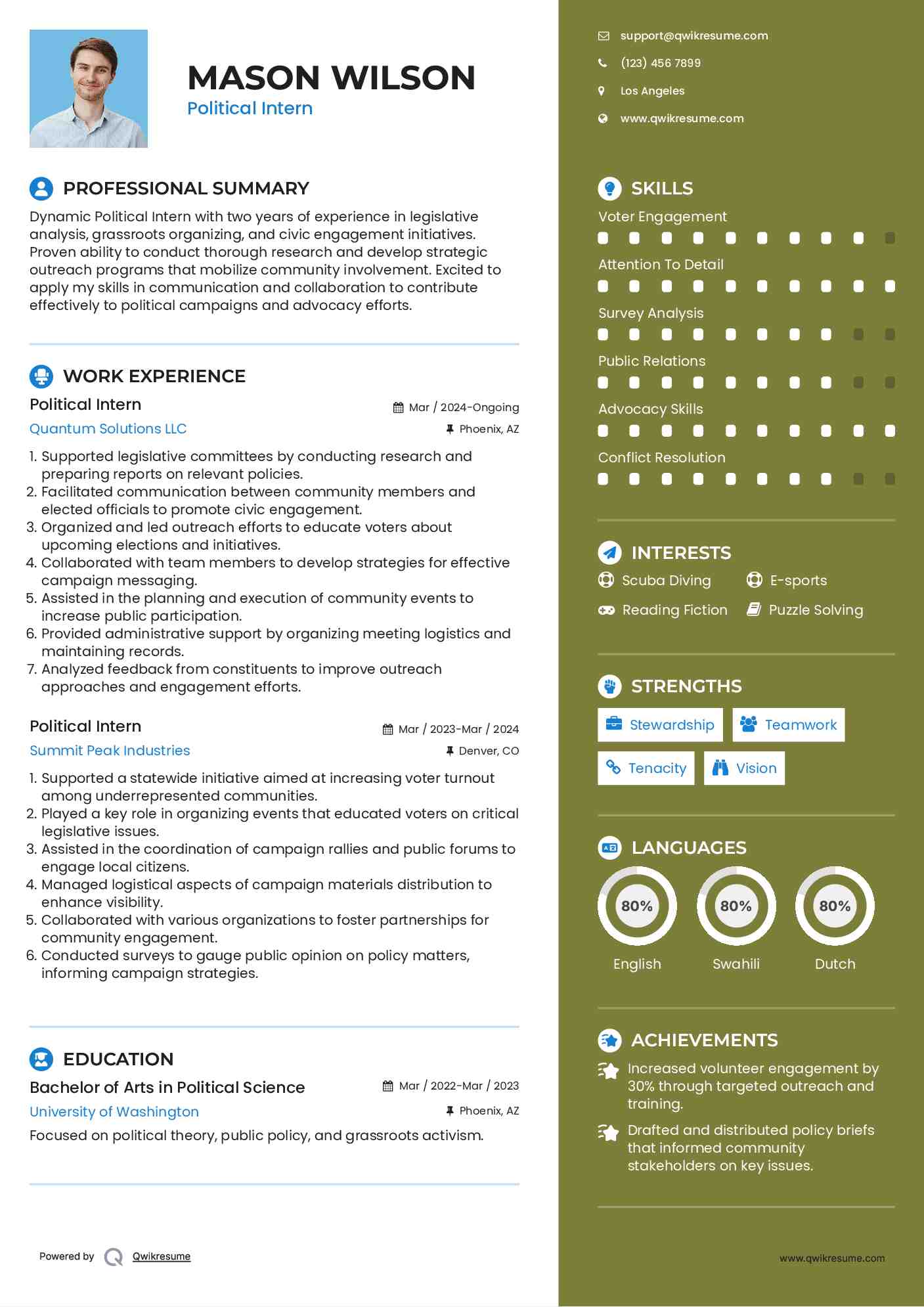 Political Intern Resume Sample