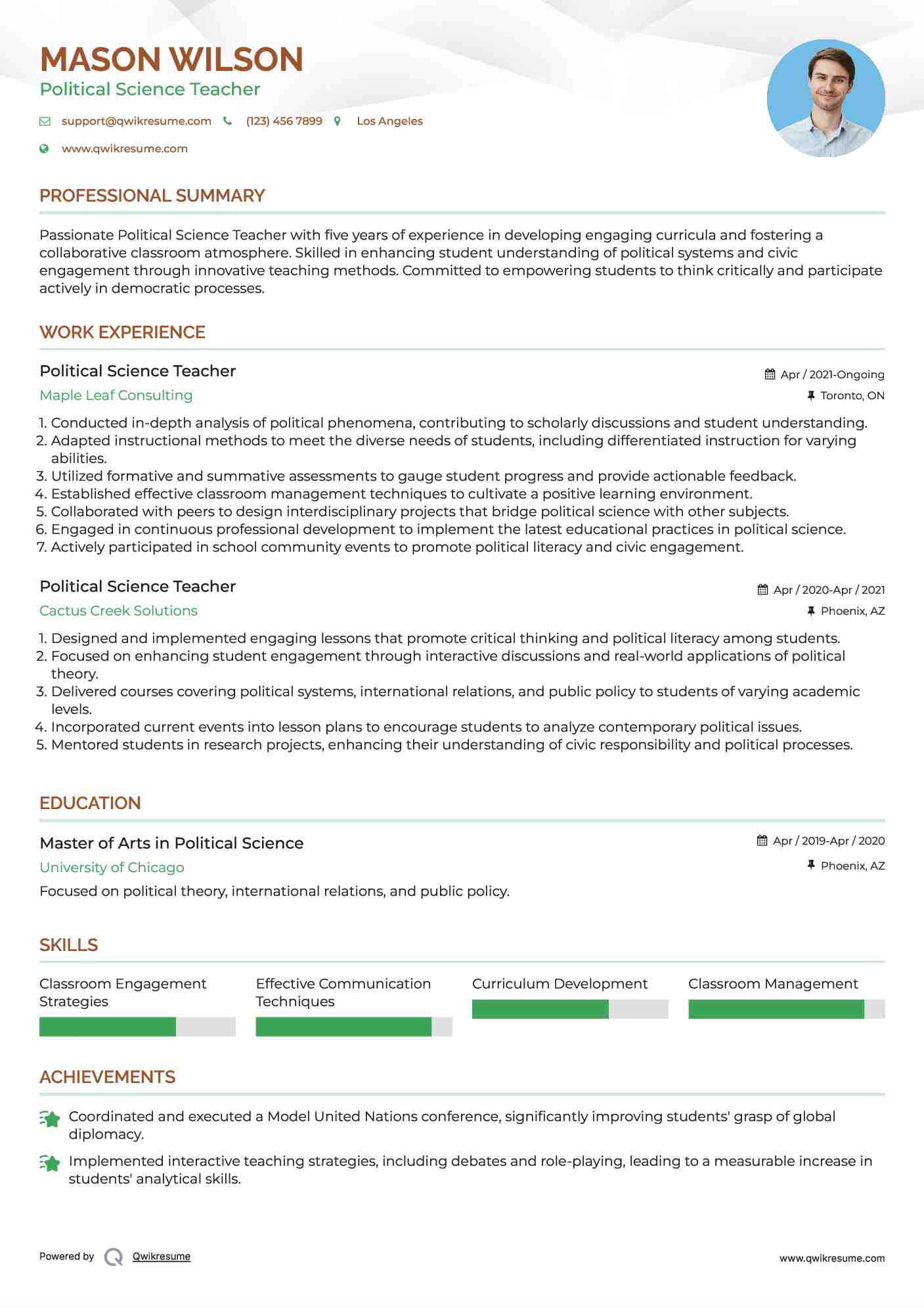 Political Science Teacher Resume Sample