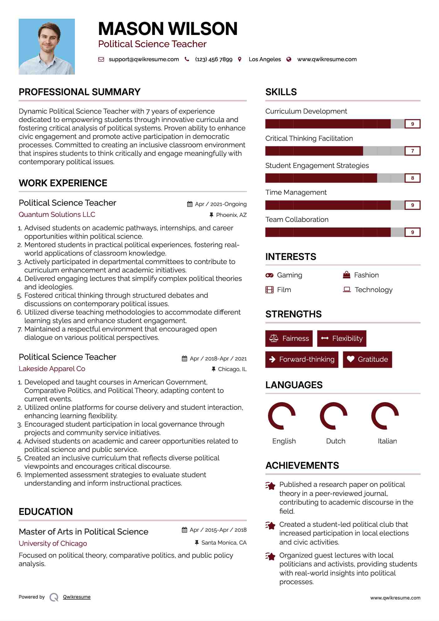 Political Science Teacher Resume Example