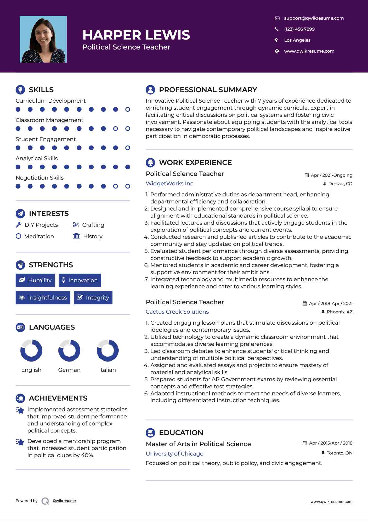 Political Science Teacher Resume Model