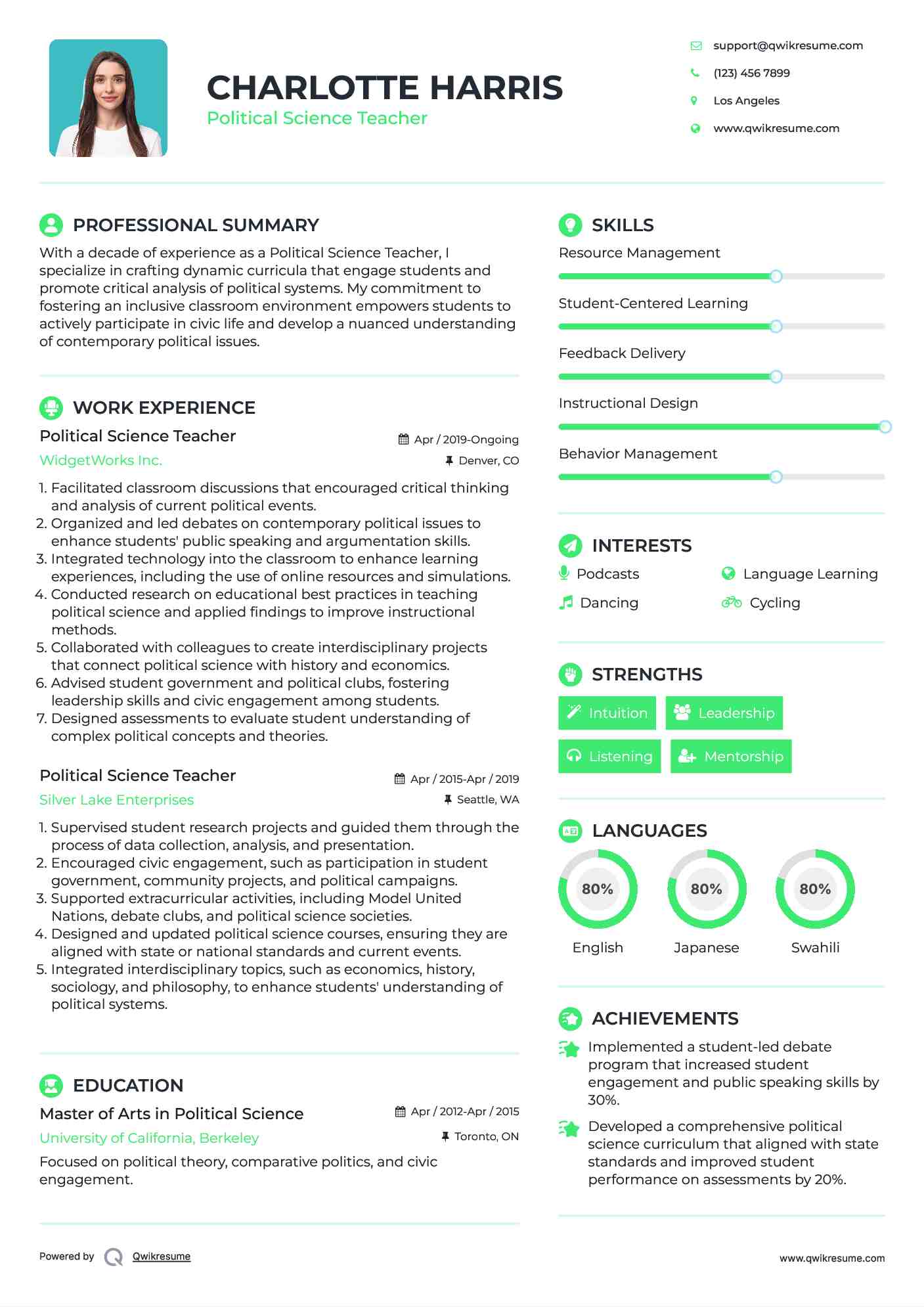 Political Science Teacher Resume Model