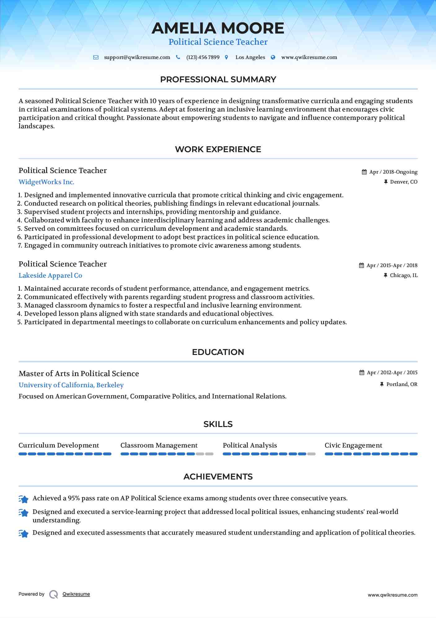 Political Science Teacher Resume Sample