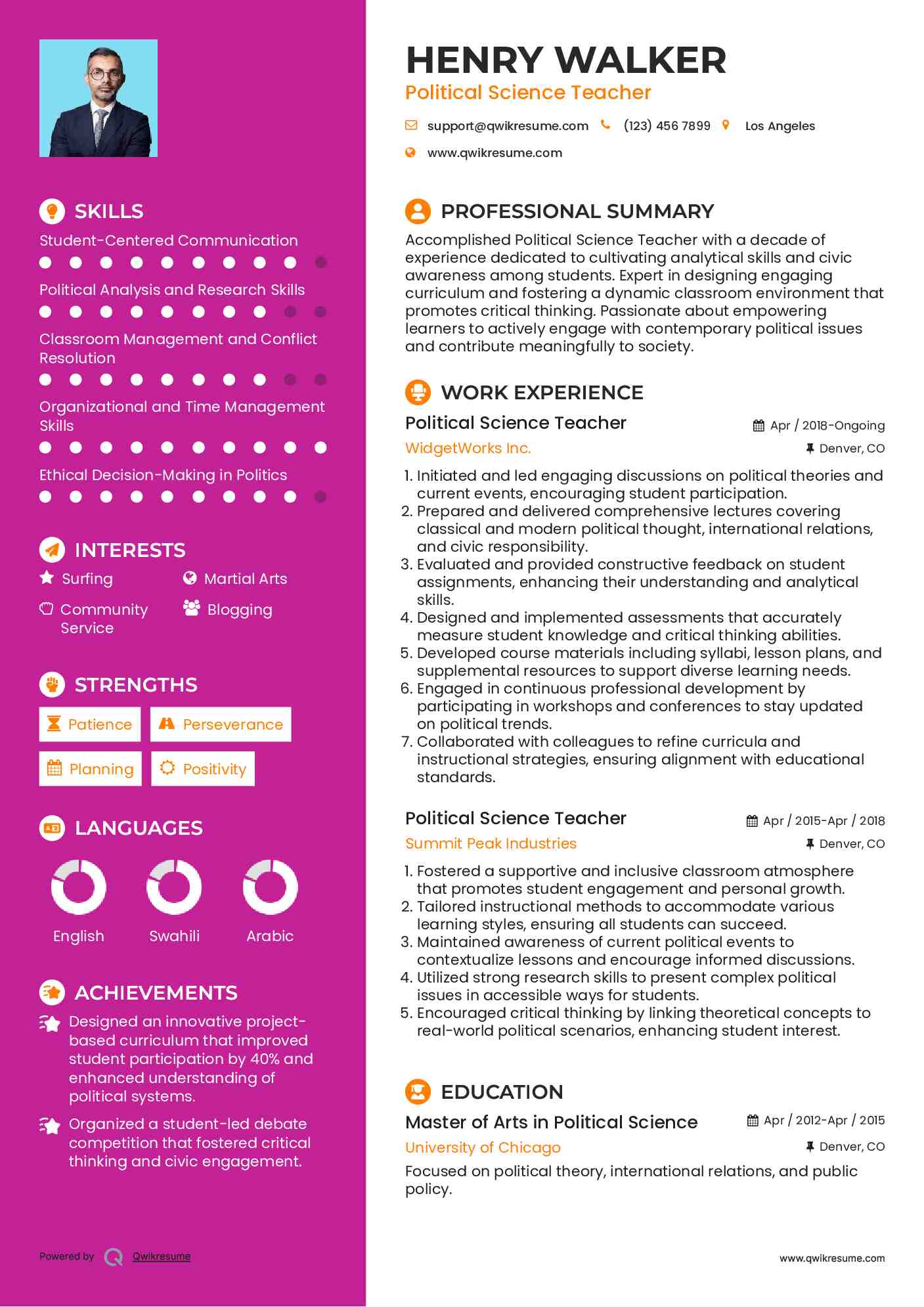 Political Science Teacher Resume Template