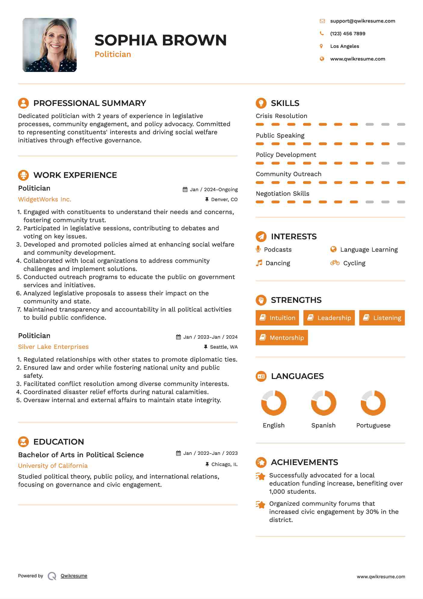 Politician Resume Sample