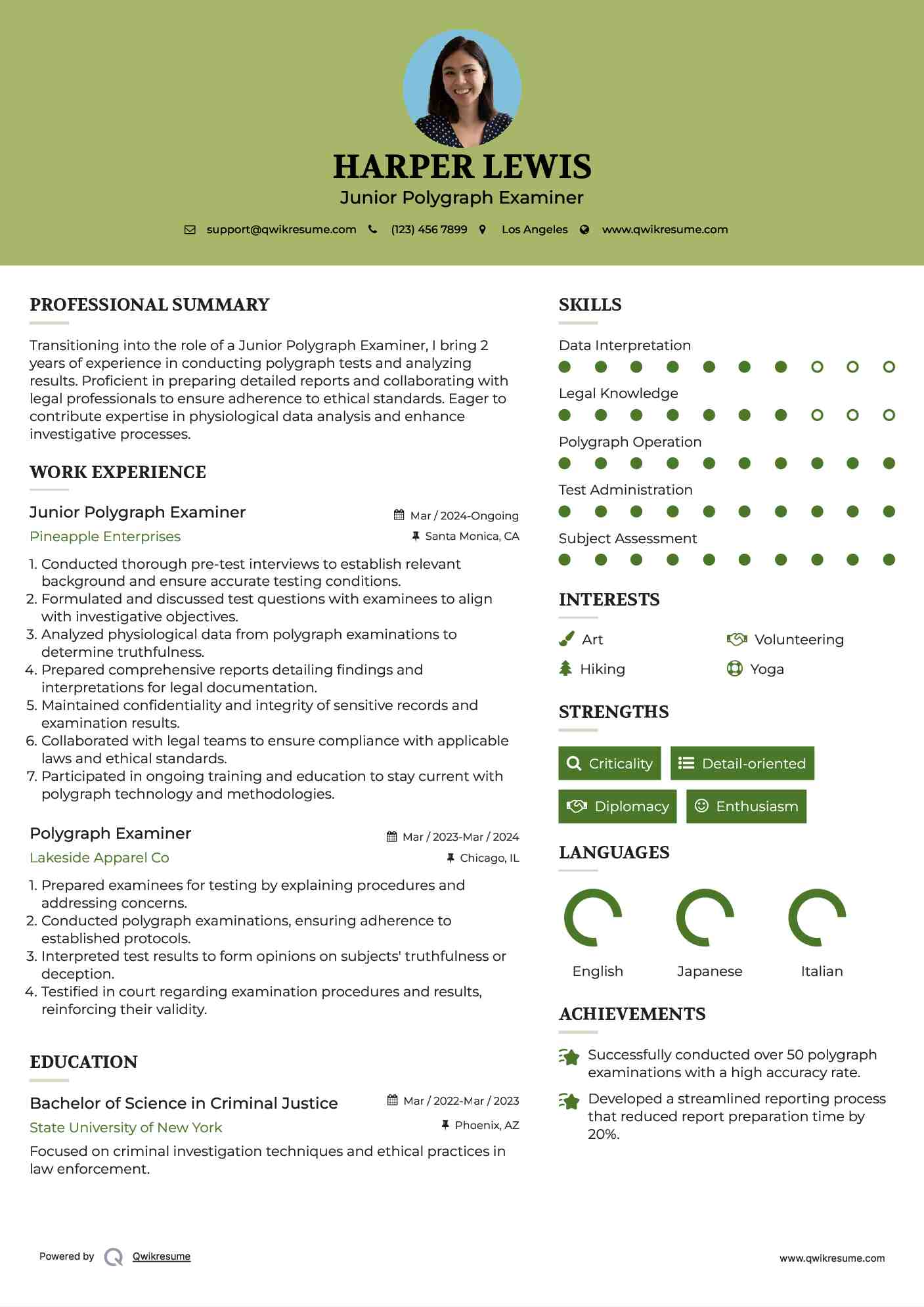 Junior Polygraph Examiner Resume Template
